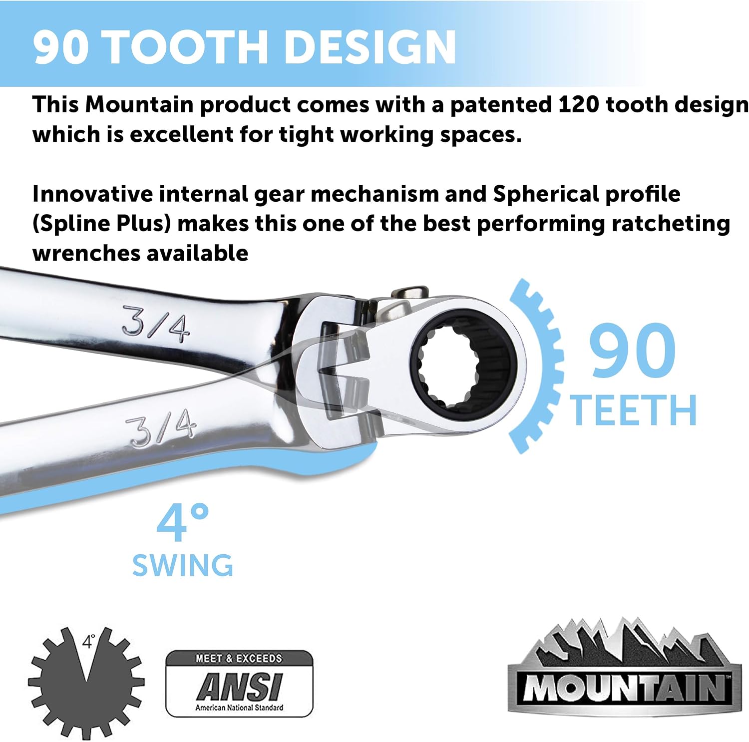 Mountain RF7 SAE Reversible Double Raised Box Ratcheting Wrench Set, Universal Spline, 90 Tooth Design, 180 Degree Rotating Head, Sizes 5/16", 3/8"