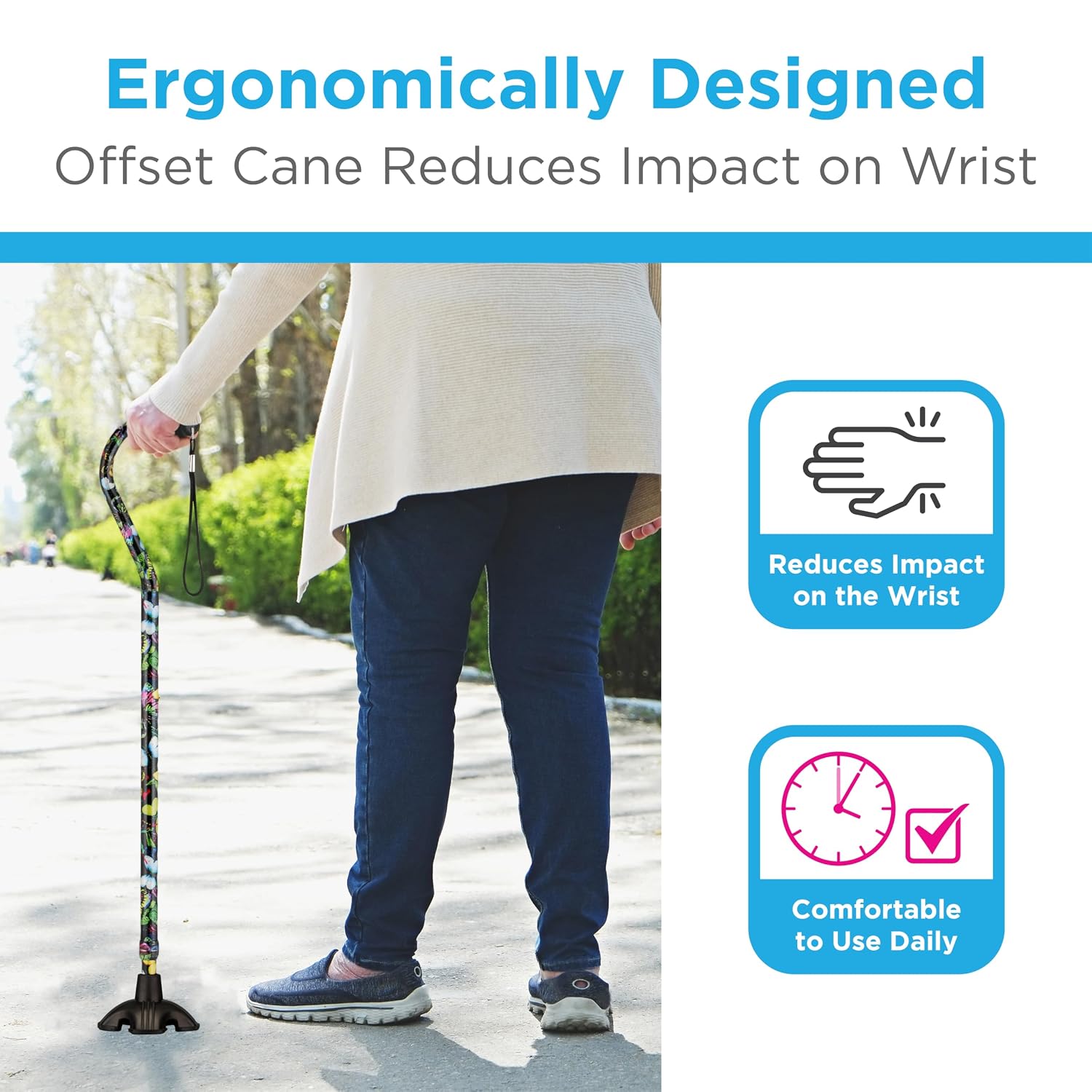 Nova Joy Designer Offset Quad Cane for Seniors - Unisex Adjustable Lightweight Walking Aid with Foam Handle, Wrist Strap and Anti-Rattle Lock - Essential Mobility Support - Maui Flowers