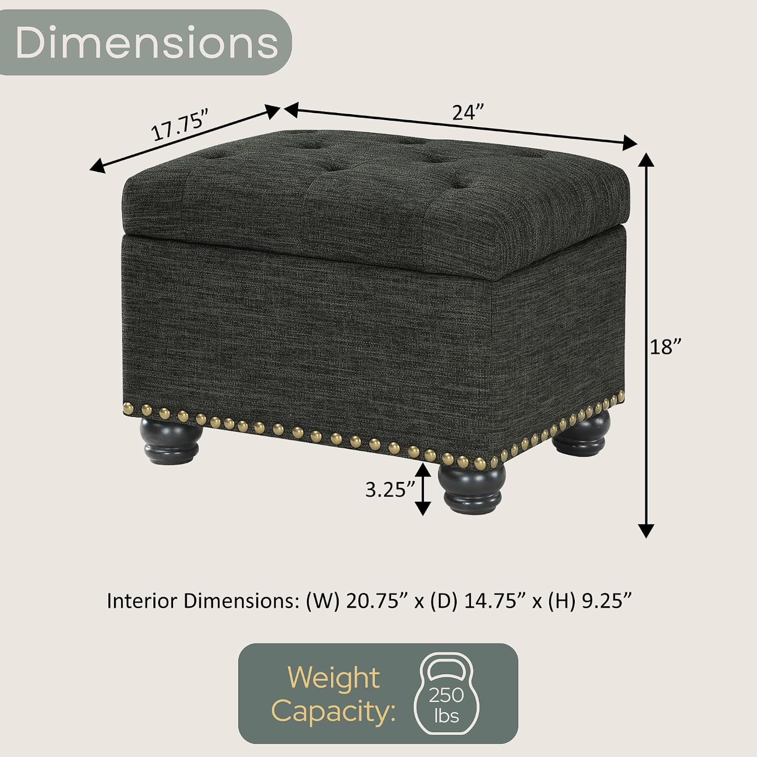 Convenience Concepts Designs4Comfort 5th Avenue Storage Ottoman 24" - Contemporary Foot Stool and Seat with Hinged Lid for Living Room, Dining Room, Office, Den, Espresso Faux Leather