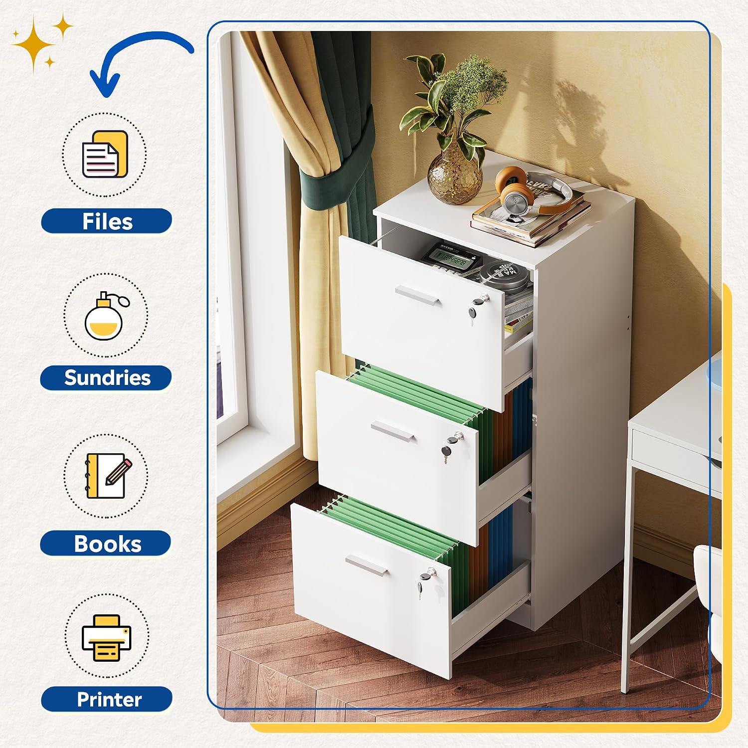 DEVAISE 3 Drawer Wood File Cabinet with Lock, Fits Letter and A4 Size | Wooden Tall Vertical Filing Cabinet, Home Office Printer Stand, Easy Assembly, White