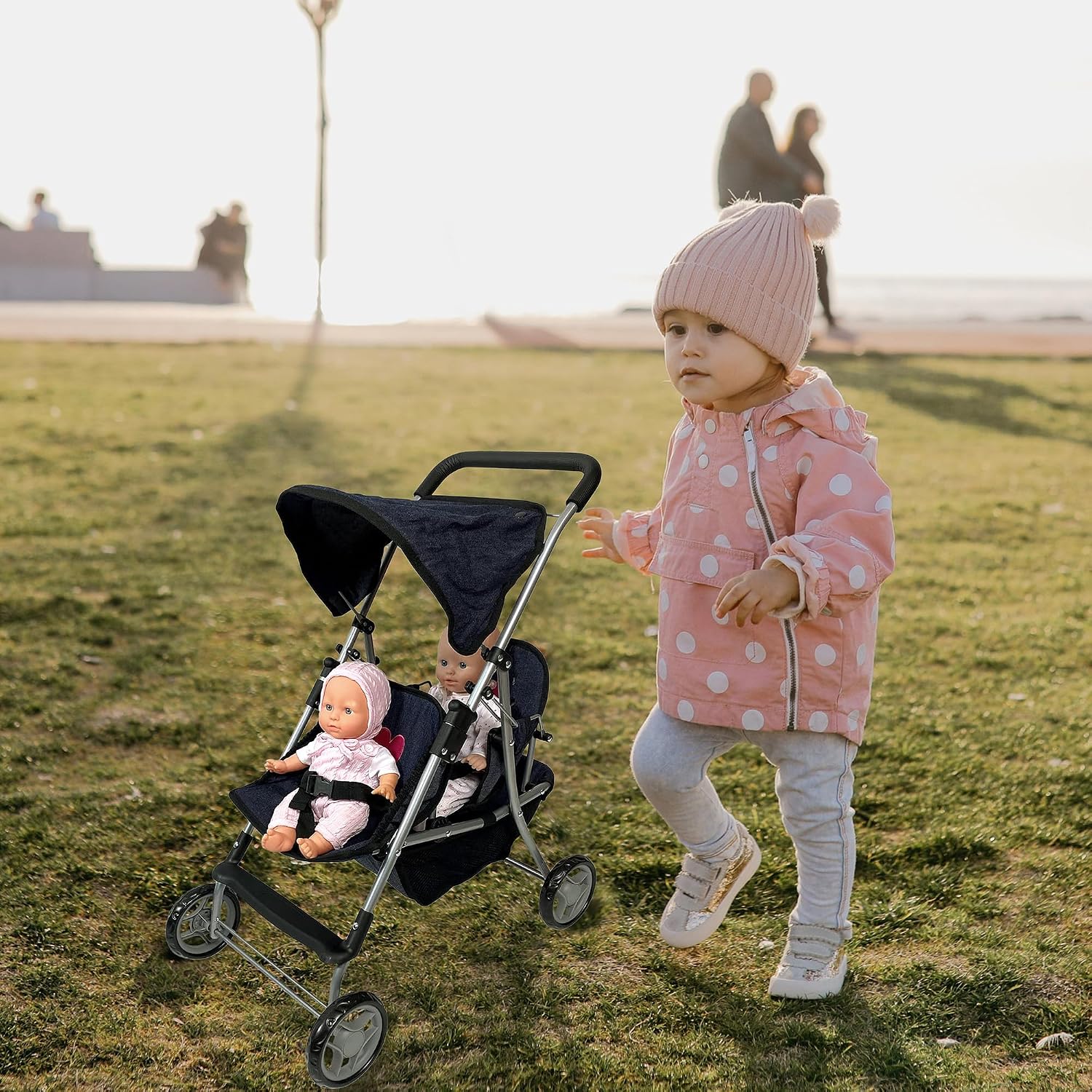 My First Doll Twin Stroller - Cutest Heart Design Doll Twins Stroller - Great Toy Gift for Girls