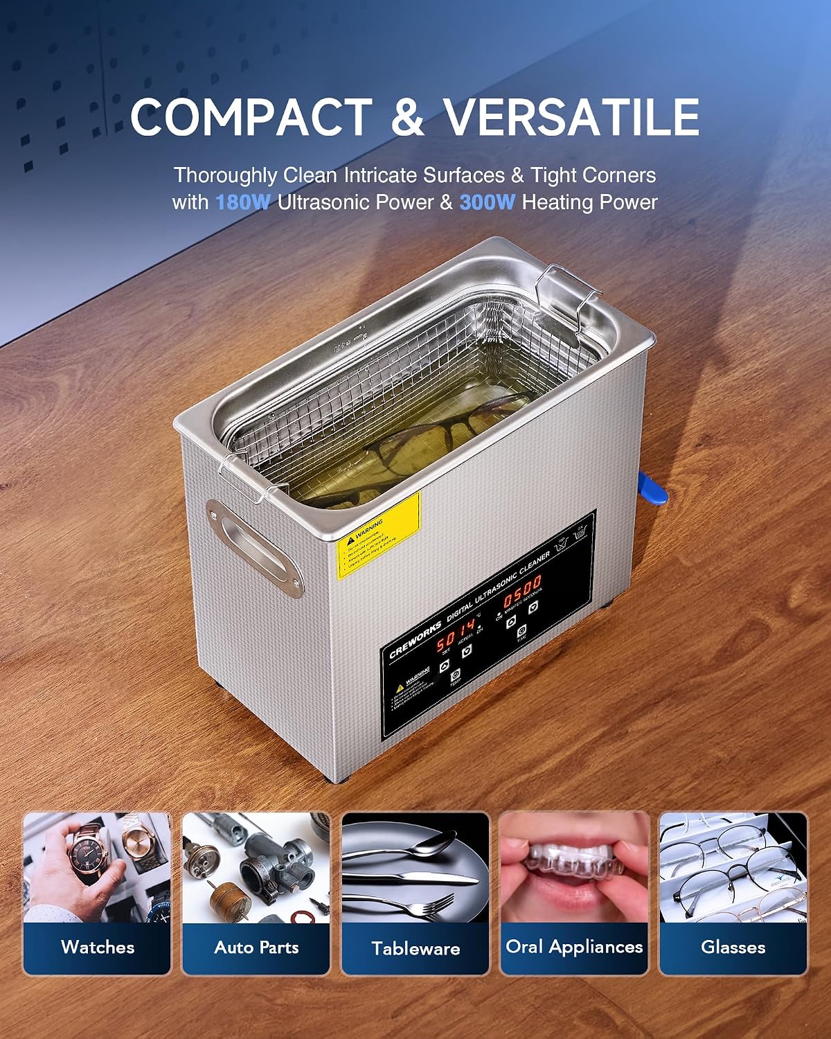 CREWORKS 3L Ultrasonic Cleaner, 0.8 gal Digital Sonic Cavitation Machine | 120W Stainless Steel Professional Jewelry Cleaner for Cleaning Tool Watch Glasses Retainer Denture Parts with Heater & Timer