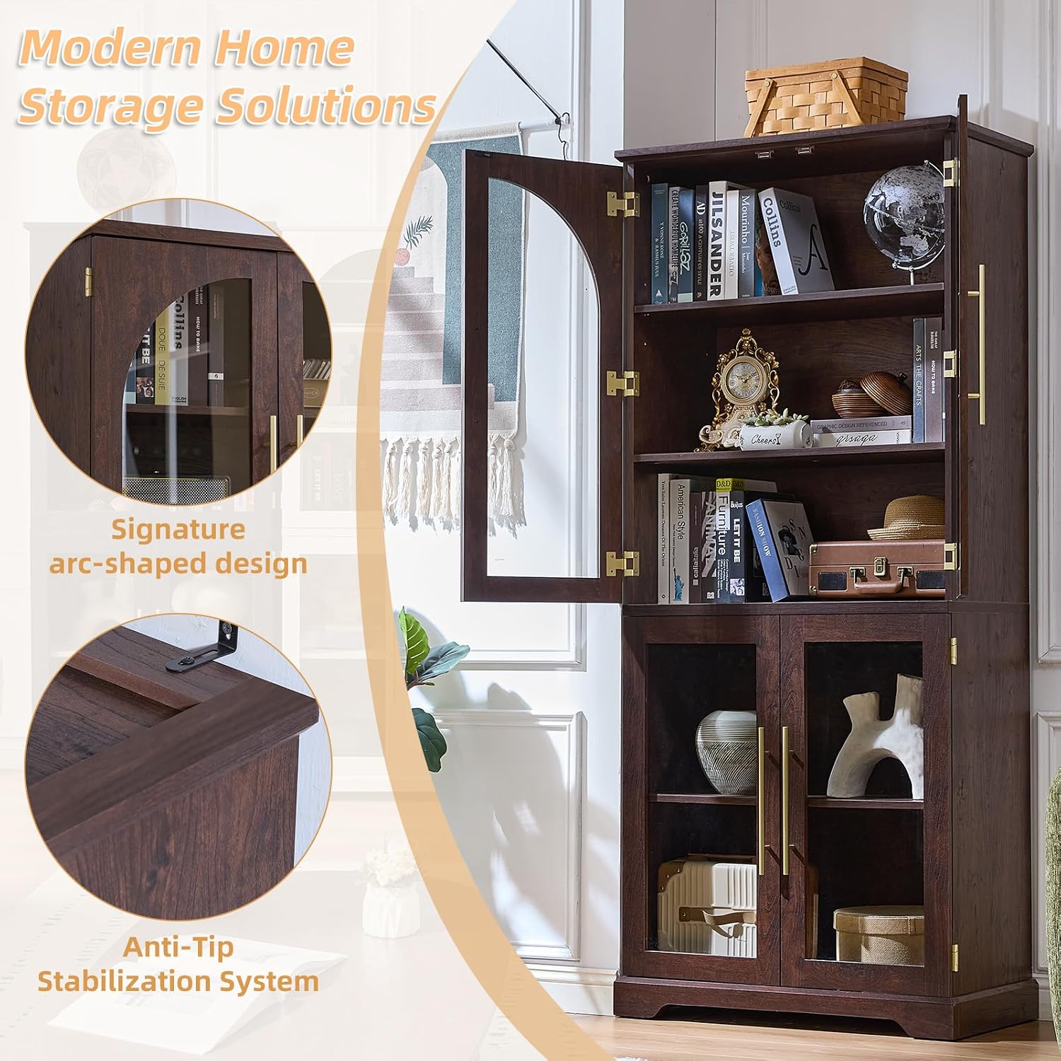 Joaxswe 72" Tall Bookshelf with 4 Curved Glass Doors, Farmhouse Bookcase with 3-Tier Adjustable Shelves, Modern Living Room Display Cabinet, Large Storage Cabinet for Home Office,Dining Room, Natural