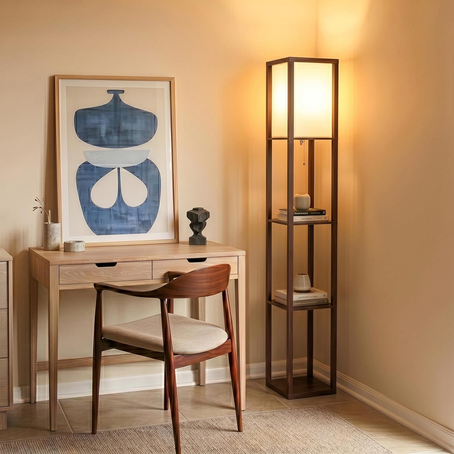Brightech Maxwell - Modern Shelf Floor Lamp with Lamp Shade & Warm White LED Bulb, Corner Display Floor Lamp with Shelves for Living Room, Bedroom, Nightstand Office, Home Decor Storage - Natural Wood