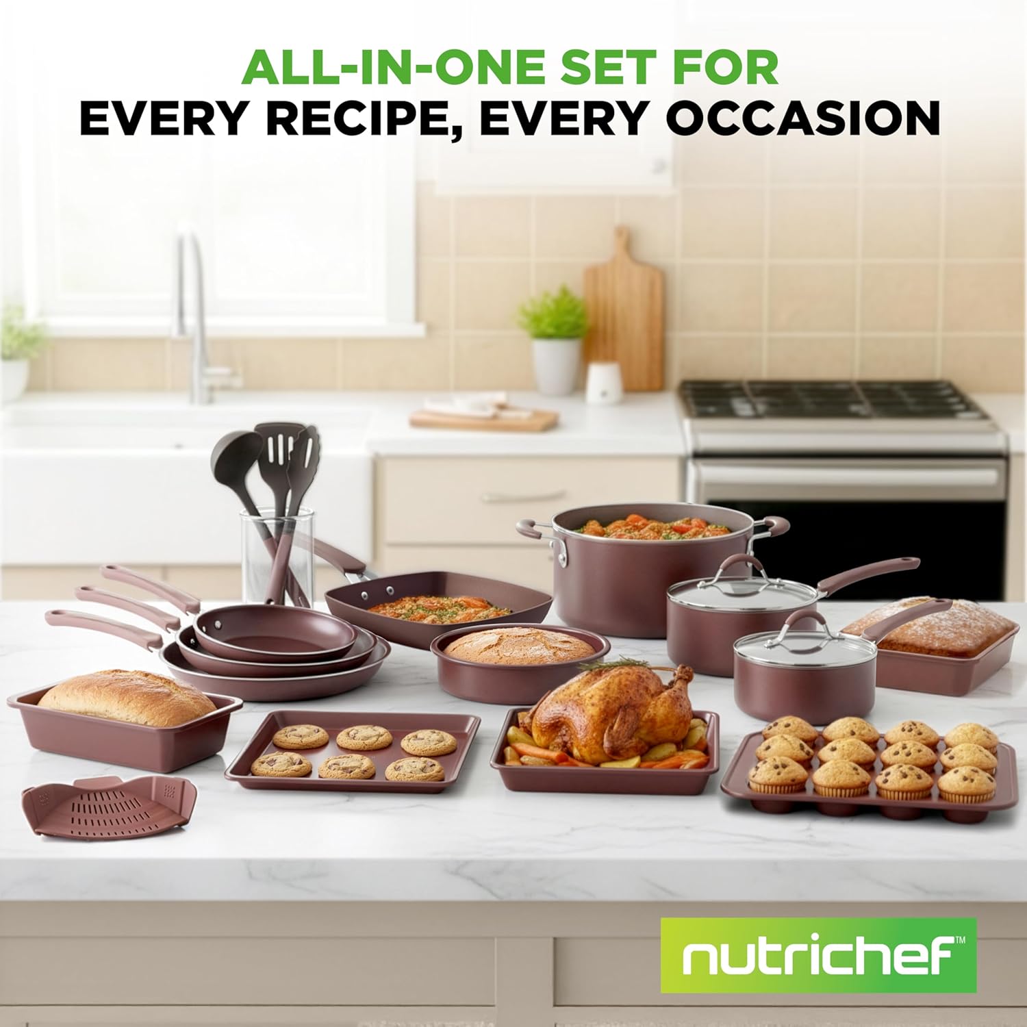 Nutrichef 20 Piece Professional Home Kitchen Cookware and Bakeware, Pots and Pans Set Non Stick Kitchenware, Cool-Touch Handles, Non Toxic