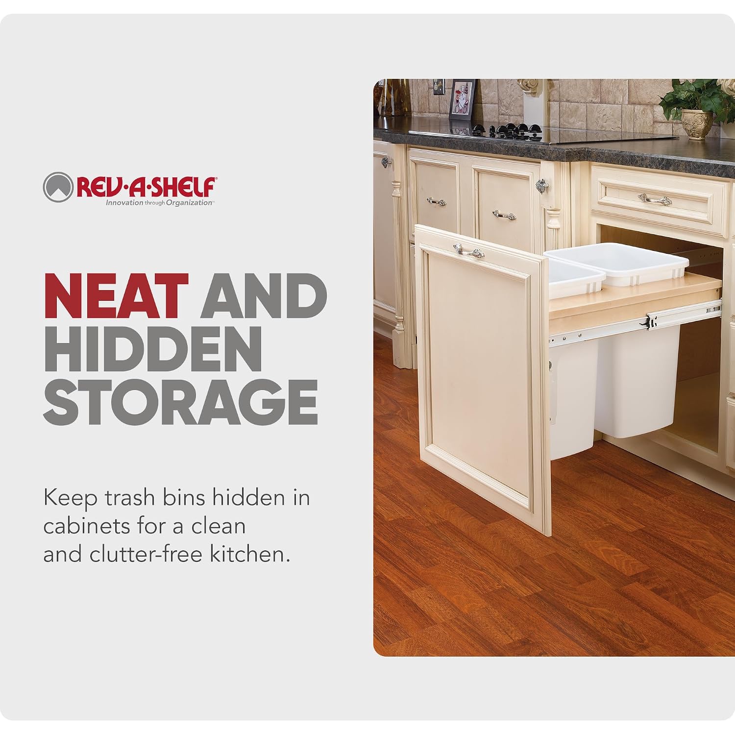 Rev-A-Shelf Top Mount Double Pullout Under Cabinet 50 Quart Kitchen Trash Cans w/Soft-Close for Full Height Cabinet, 150 Pound Rated Full-Extension Slides, 4WCTM-2150BBSCDM-2