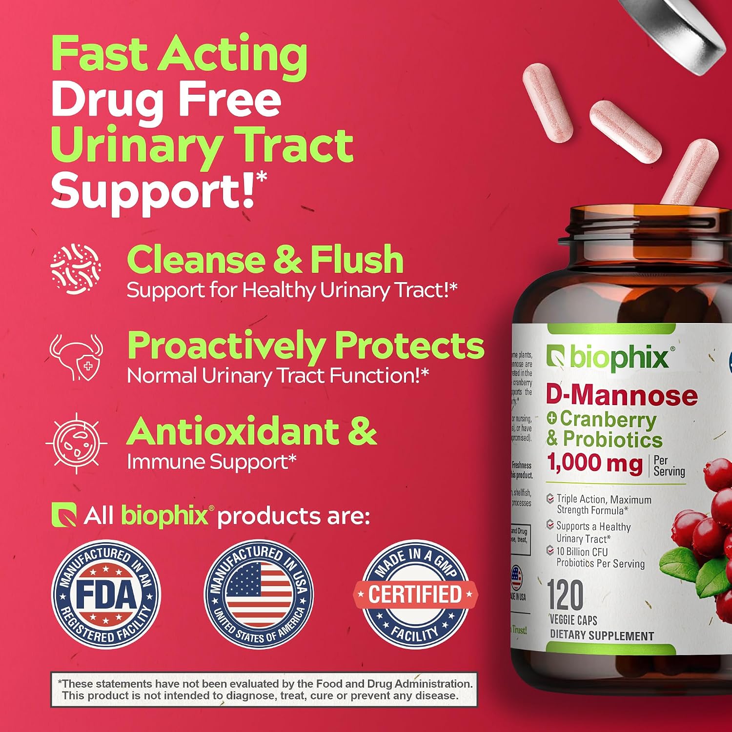 biophix D-Mannose 1000mg Capsules with Cranberry & Probiotics - D Mannose Supplements for Women - D-Mannose Pills for Urinary Tract & Bladder Health Support - Digestive Well-Being - 120 Vcaps