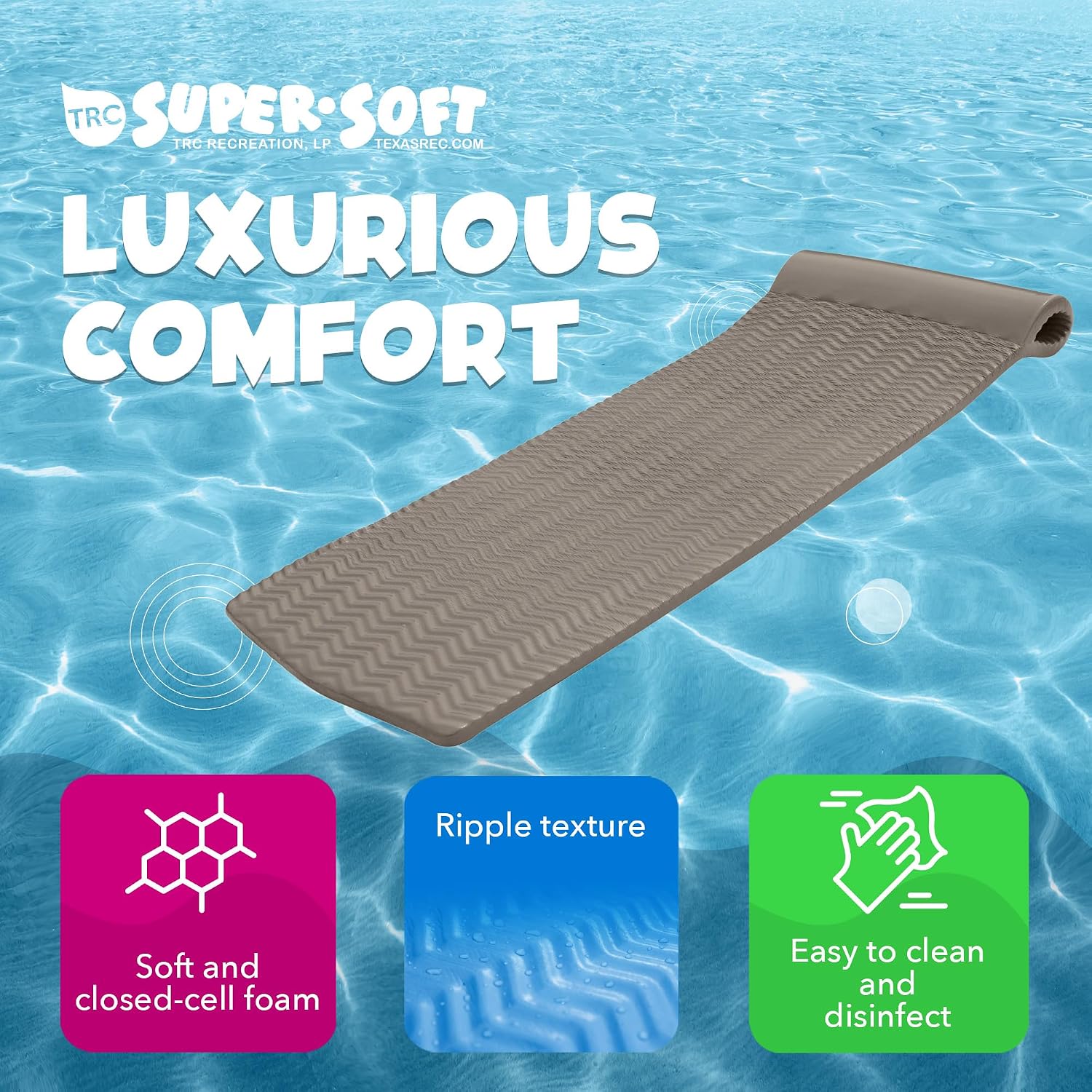 TRC Recreation Serenity 1.5” Thick Vinyl Coated Foam Swimming Pool Float Mat Adult Lounger with Built-in Roll Pillow