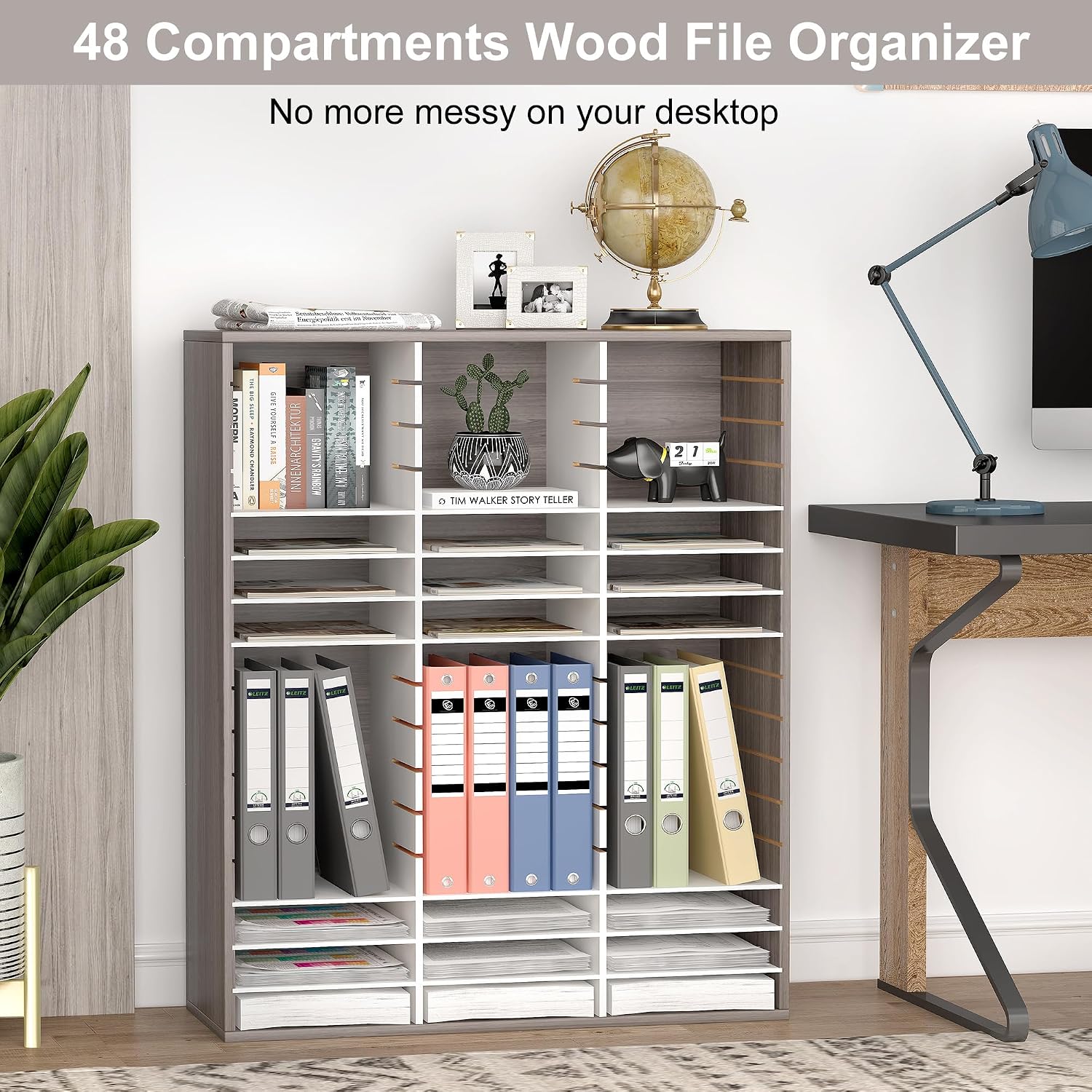 EasyPAG 12 Compartments Wooden Literature Organizer with Adjustable Shelves, 6000 Sheets Capacity Paper Organizer