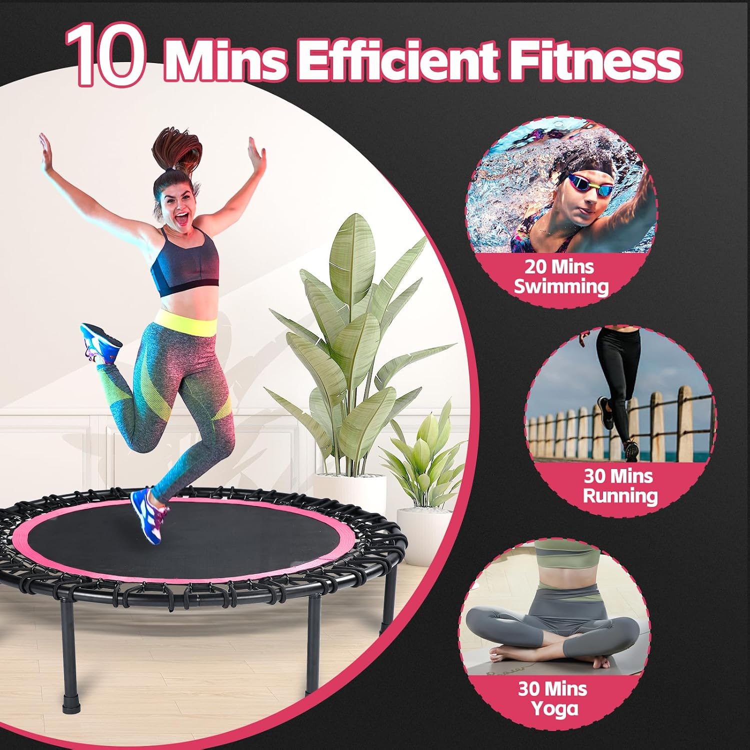 40" Mini Trampoline for Adults, Fitness Rebounder with Elastic Bands, Indoor Exercise Trampoline, Low Impact Workout Equipment for Home Gym