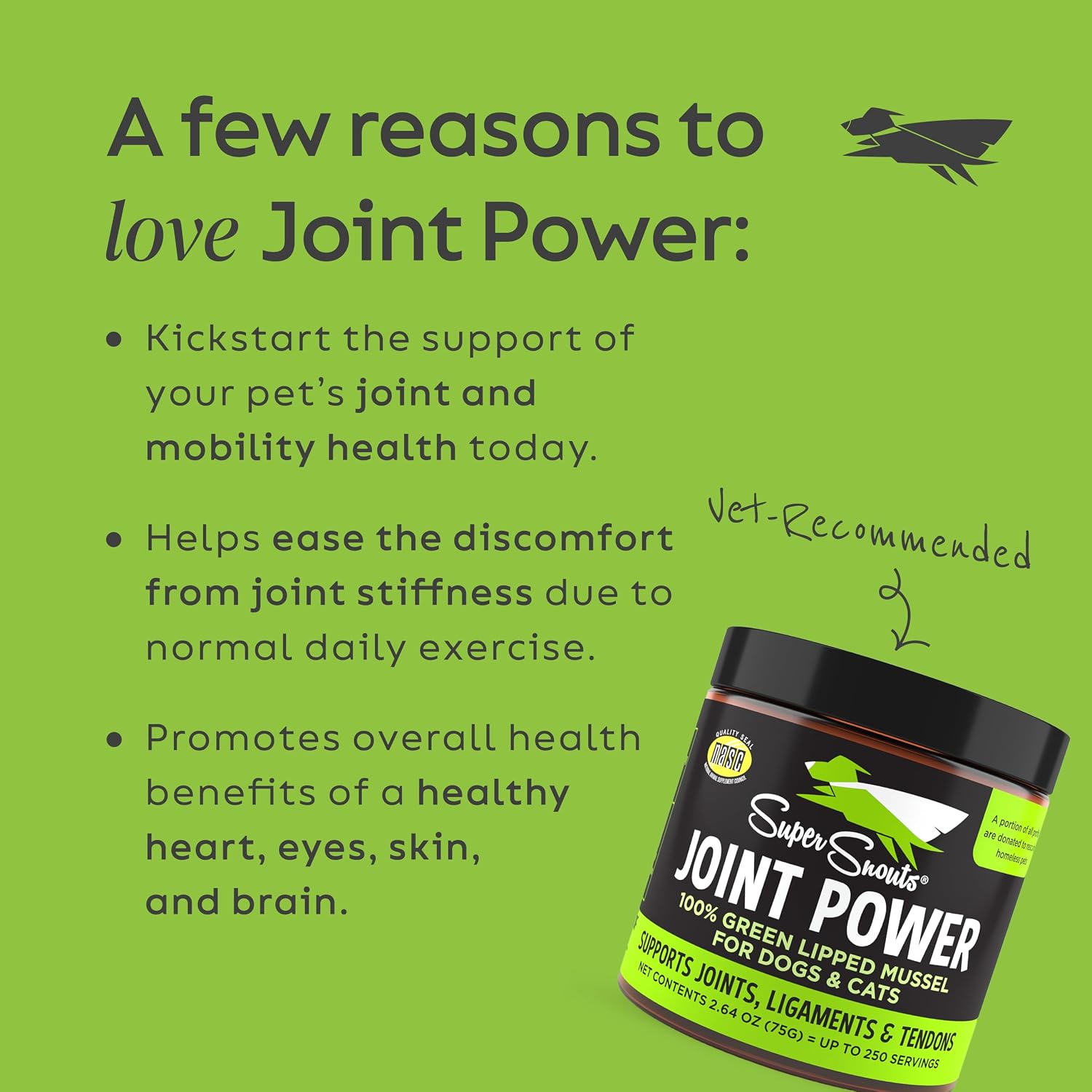 Joint Power Supplement Powder for Dogs & Cats, 2.64 oz Jar | Joint Supplement Powder made with 100% Green Lipped Mussels to Support Joints, Tendons, and Ligaments