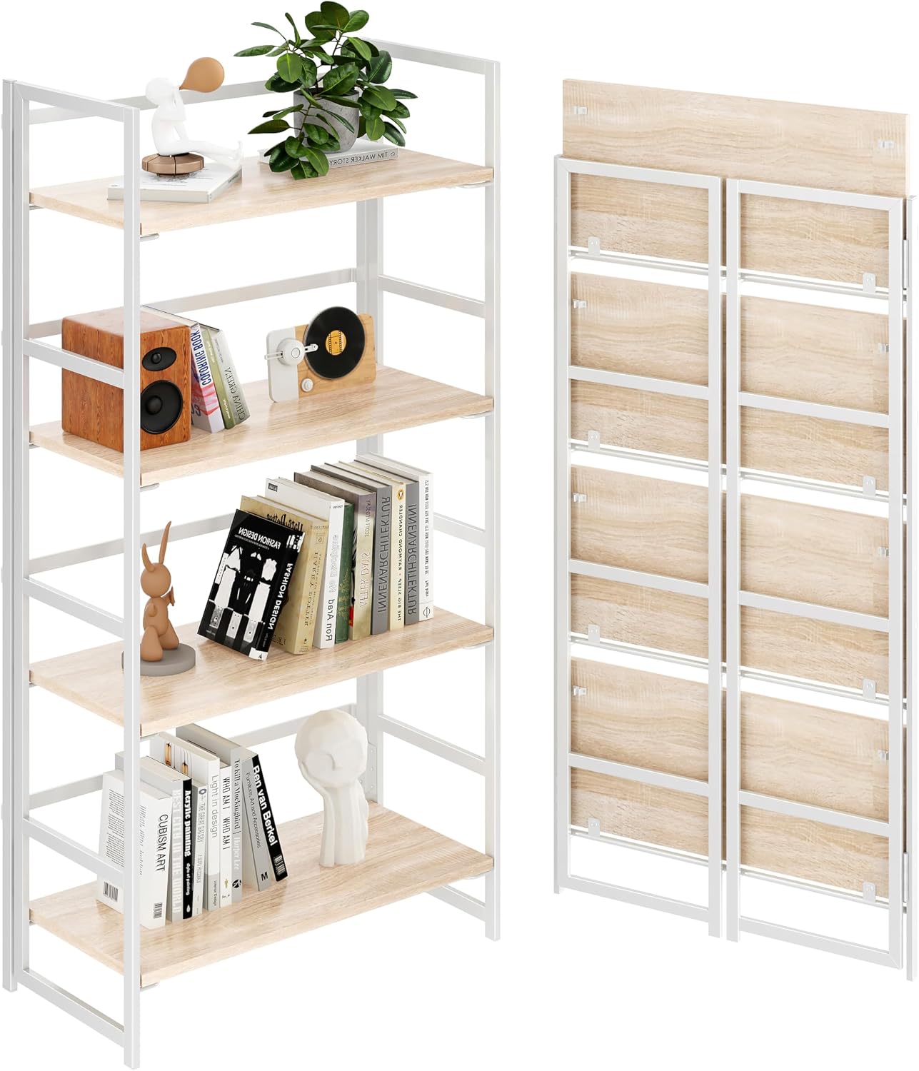 Vintage Multifunctional Folding Bookshelf, No-Assembly Plant Stand Storage Rack Shelves for Home Office (Fire, 5-Tier)