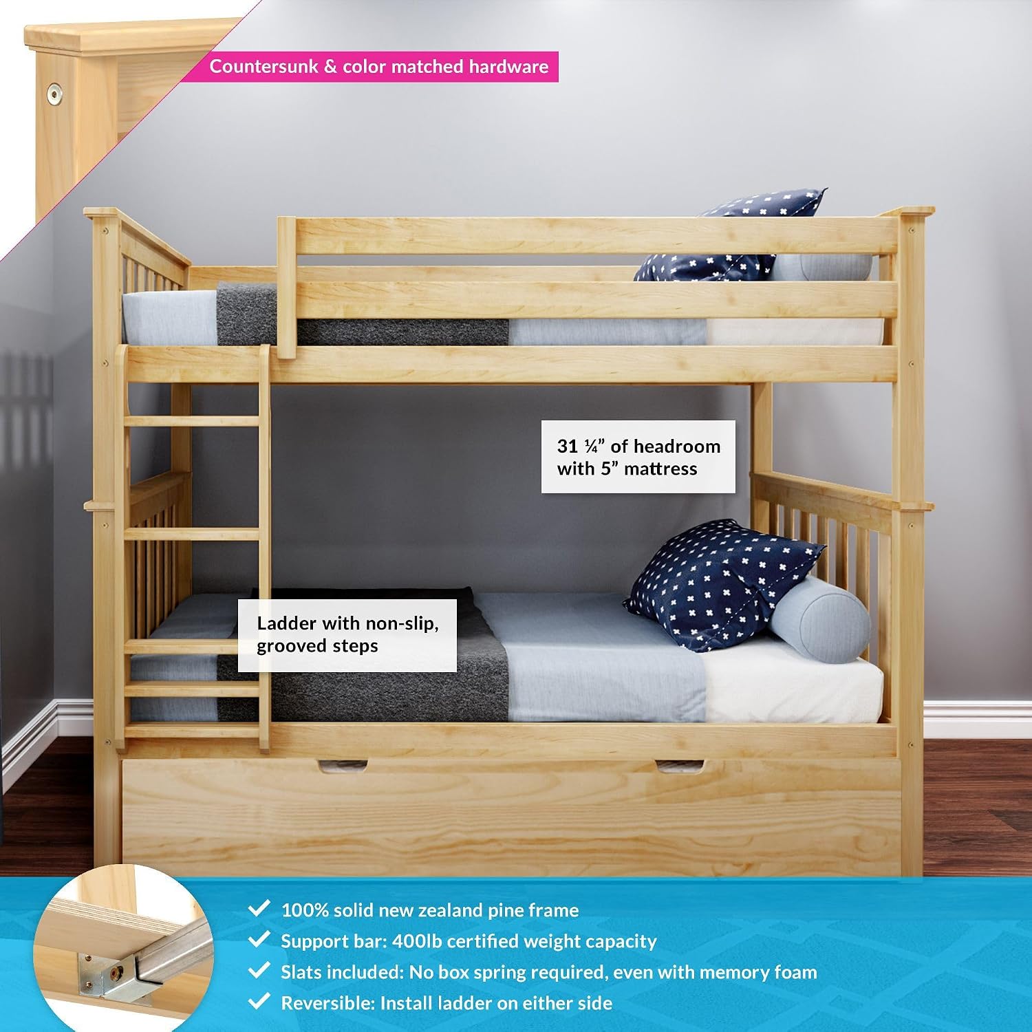 Max & Lily Bunk Bed Twin over Twin, Solid Wood Bunk Bed Frame with Ladder for Kids, 14" Safety Guardrails, Easy Assembly, No Box Spring Needed, White