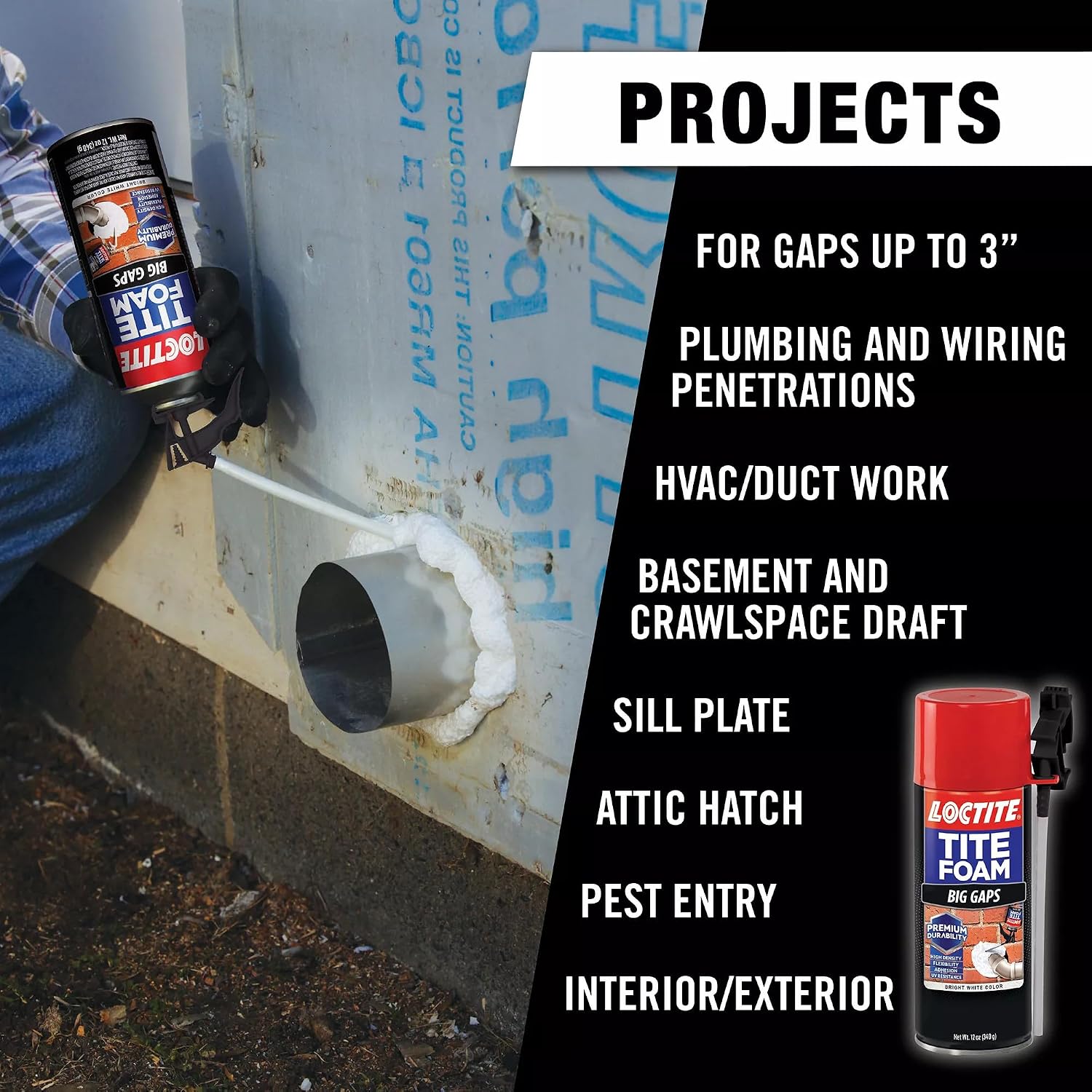 Loctite Tite Foam Big Gaps Spray Foam Sealant, 12 fl oz Can, 1 Pack - Polyurethane Expanding Insulation