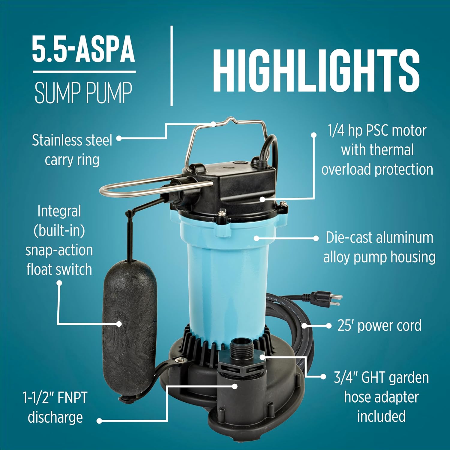 Little Giant 5.5-ASPA 115V, 1/4 HP Aluminum Automatic Sump Pump, 25' Cord