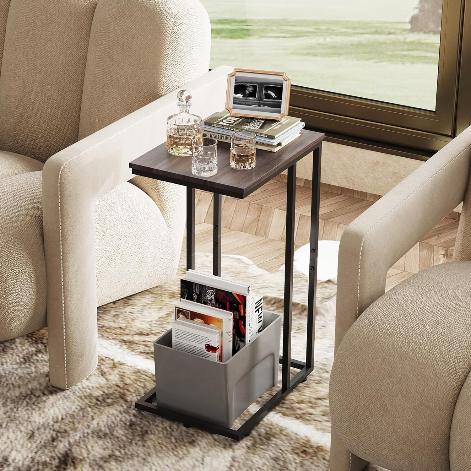 WLIVE C Shaped End Table, Small Side Tables for Sofa and Bed, Couch Table that Slides Under for Living Room, Bedroom, Home Office, Small Spaces