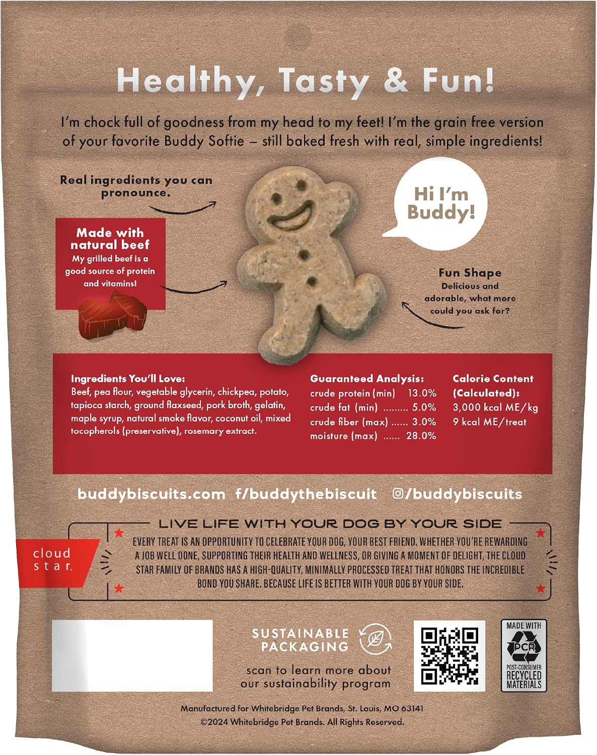 Buddy Biscuits Softies 5 oz Pouch, Grain-Free Soft & Chewy, Natural Grilled Beef Flavor Dog Treats, Oven Baked in the USA