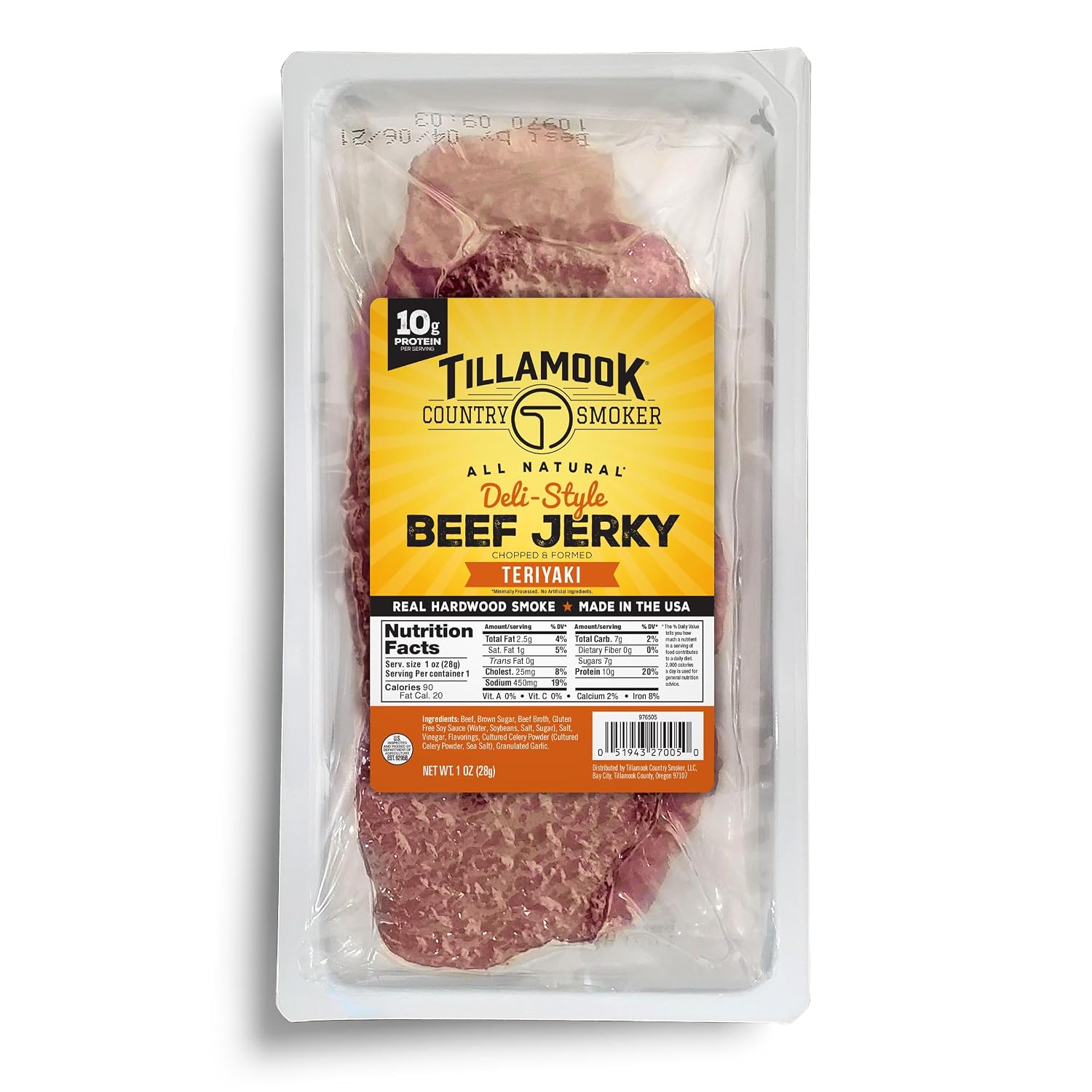 Tillamook Country Smoker Teriyaki Deli Style Thin Sliced Slab, Low Carb, High Protein, Ready to Eat Keto Snacks, Chopped & Formed Slabs,12 Count Tray
