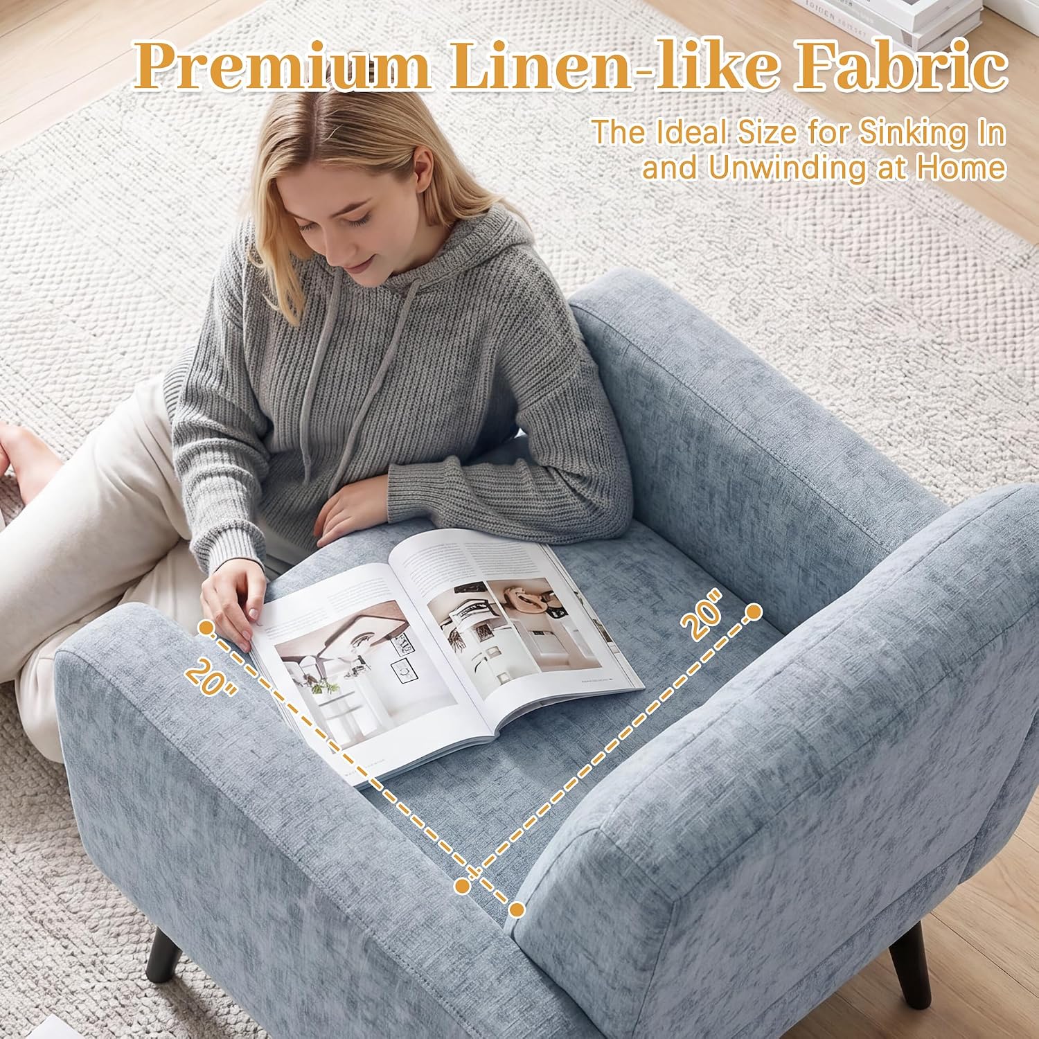 LSSPAID Modern Accent Chairs, Upholstered Fabric Cozy Armchairs, Living Room Side Chair with Solid Wood Legs, Blue