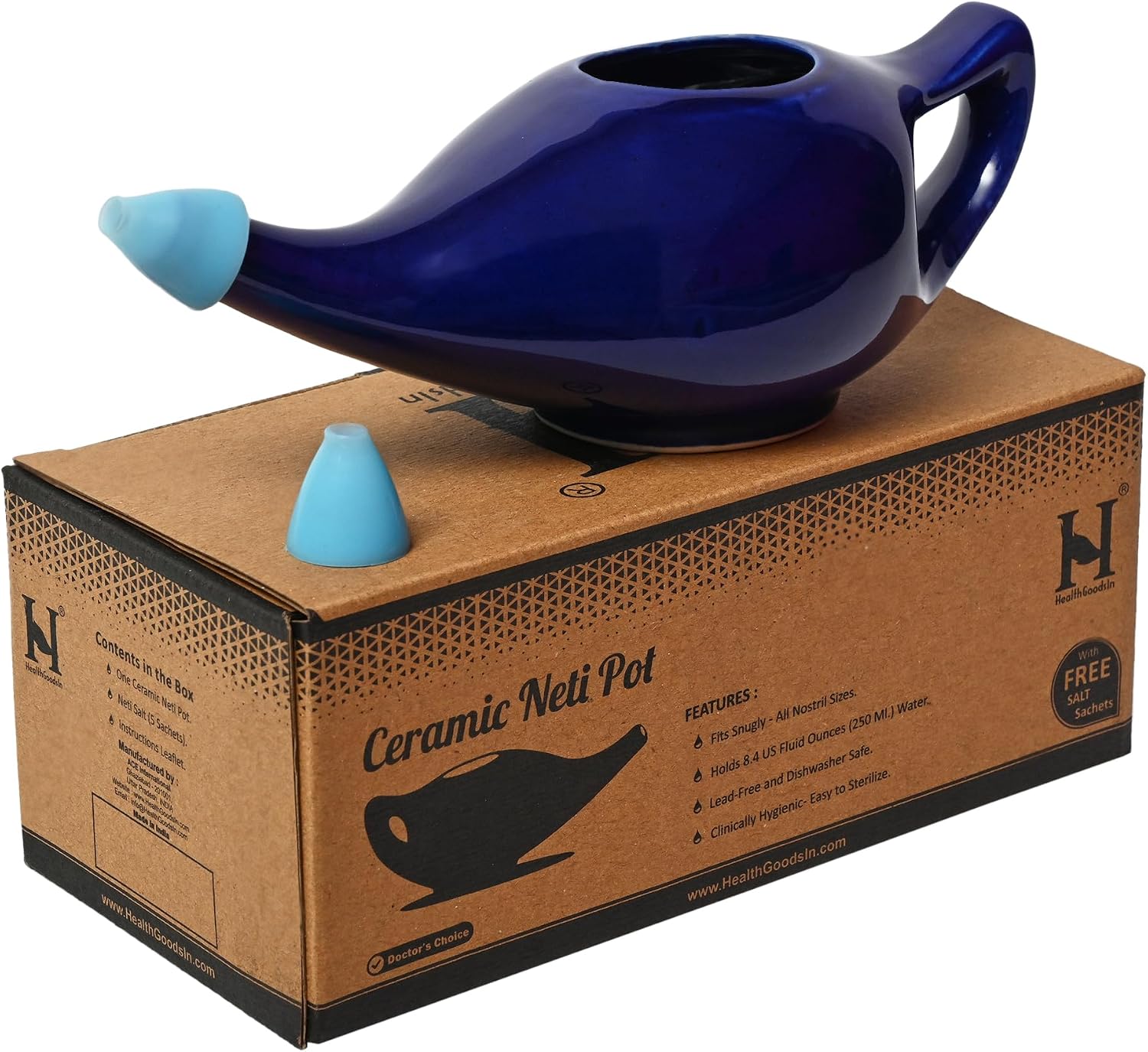 HealthGoodsIn Ceramic Neti Pot, Dishwasher Safe, Premium Handcrafted with 2 Silicone Nozzle and Salt for Sinus - 225 Ml. Capacity (Brown)