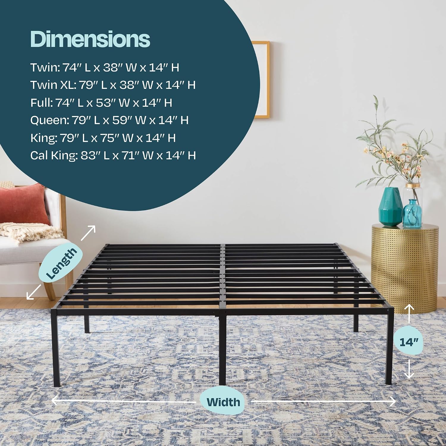 Linenspa Folding Metal Platform Bed Frame - Easy Assembly - Sturdy Steel - No Box Spring Needed - Underbed Storage - Mattress Foundation - 14" High