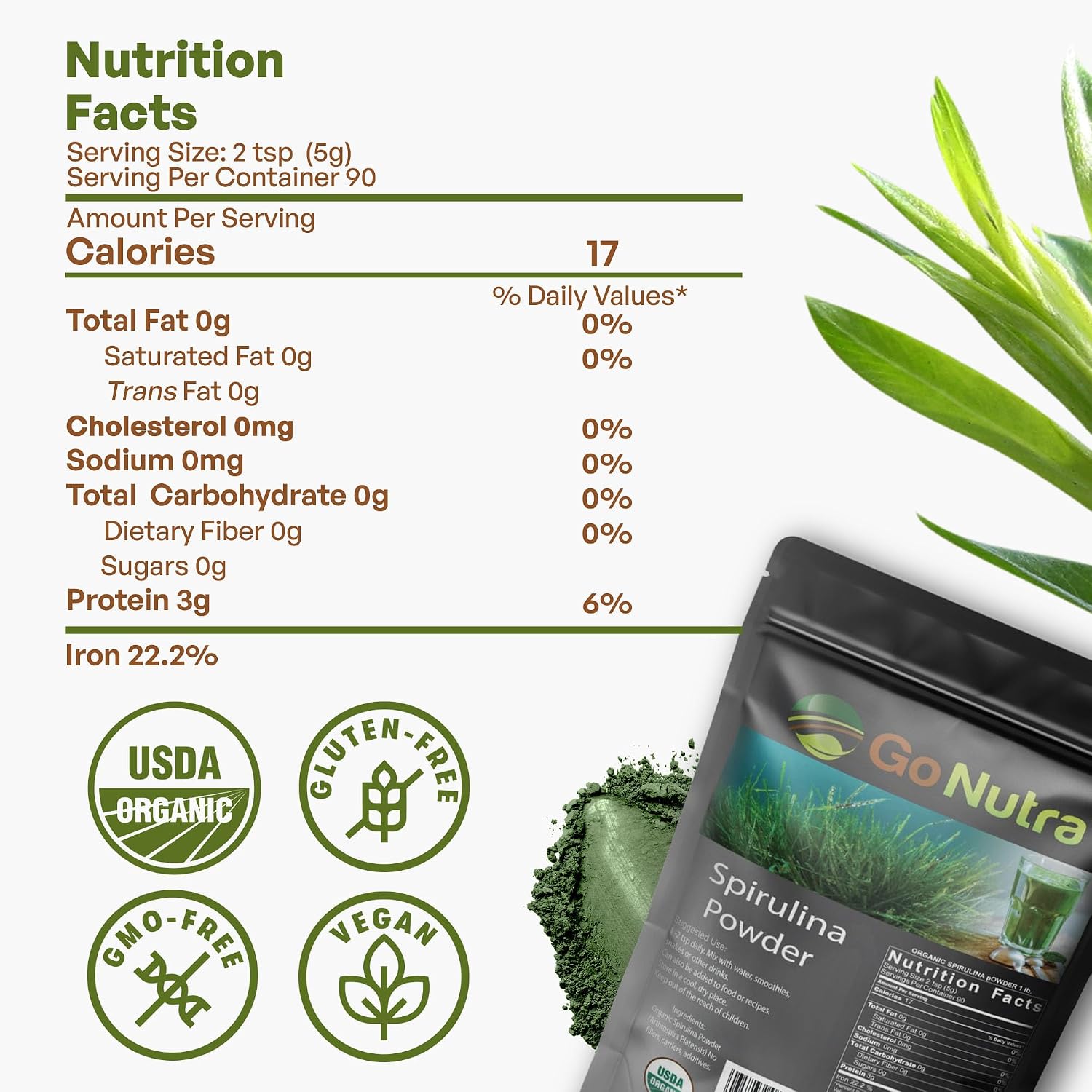 Organic Spirulina Powder, Herbal Supplement Superfoods, 16 Ounce | Pure Non-GMO Green Superfood with Antioxidants, Minerals, Fatty Acids, Fiber