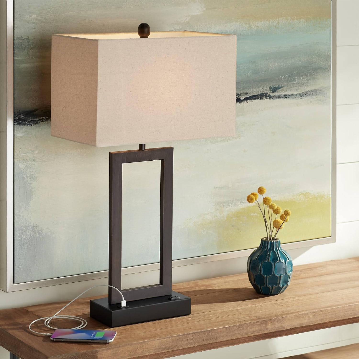 Todd 30" Large Table Lamp USB Brushed Nickel AC Power Outlet Modern | Hotel Charging Ports Living Room Bedroom House Bedside Nightstand Home Office Family Rectangle White Shade