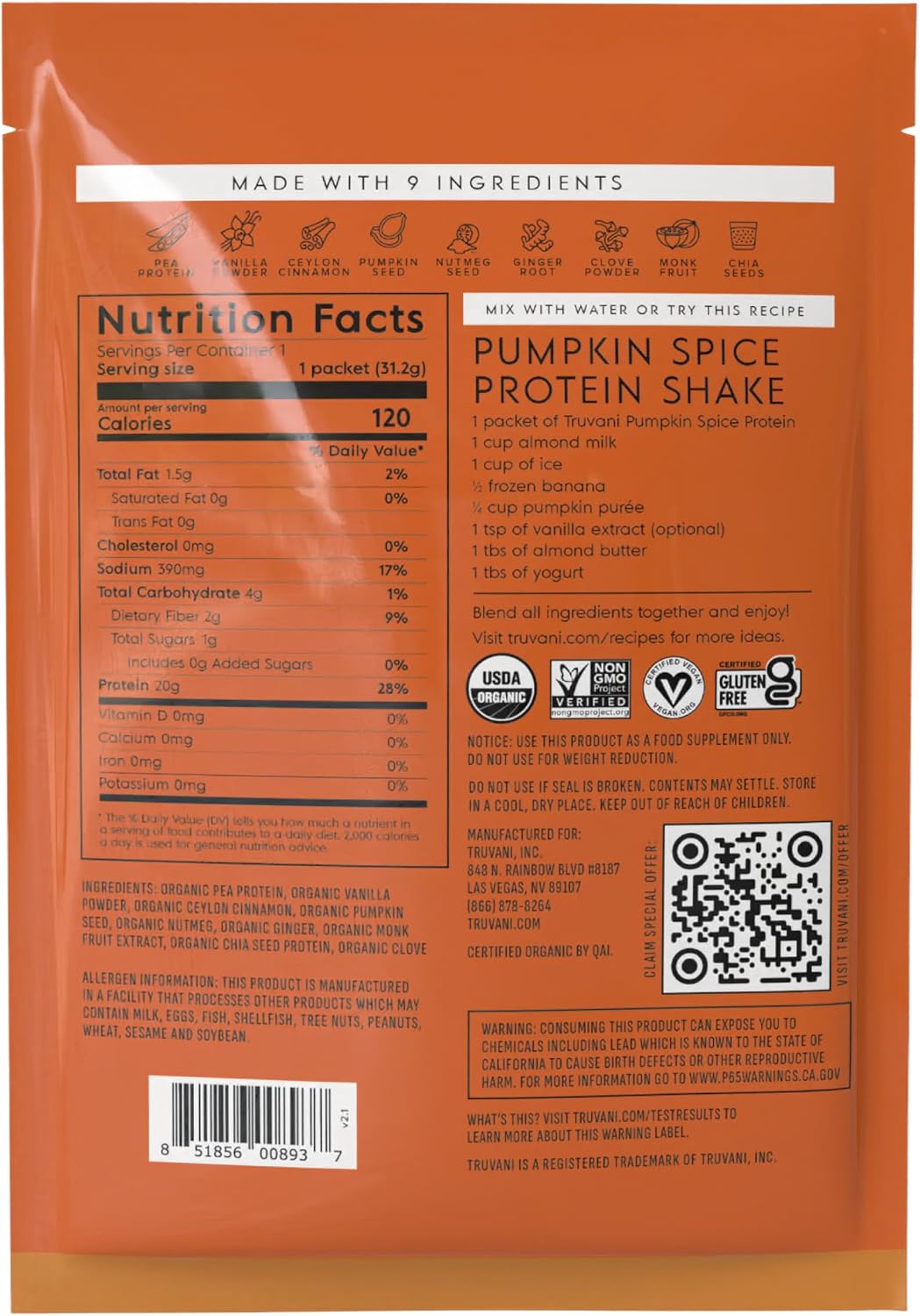 Truvani Organic Plant Based Protein Powder | Chocolate | 1 Serving