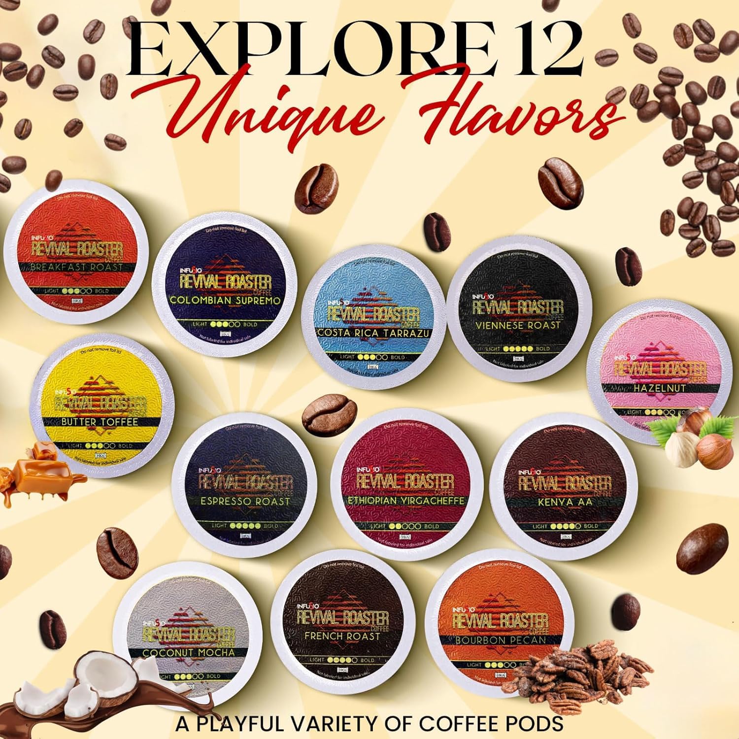 InfuSio Coffee Pods Variety Pack – 96 Count, 12 Blends of Crafted Origins and Indulgent Flavors Including Bourbon Pecan, Butter Toffee & Hazelnut, Medium & Dark Roast, No Sweeteners, Low Acid, Keurig Compatible