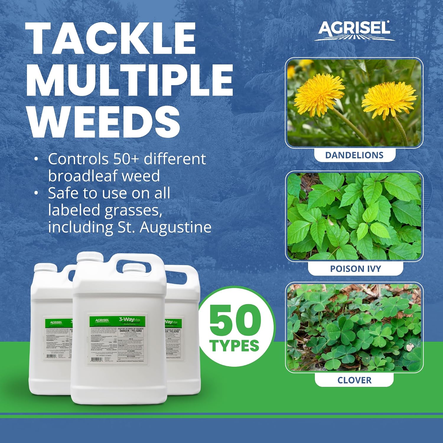 Agrisel 3 Way Max Weed Killer, Eliminate 50+ Weeds, Pet Safe, 128 Ounces | Safe on Grass, Weed Spray, Low Odor, Easy Mixing