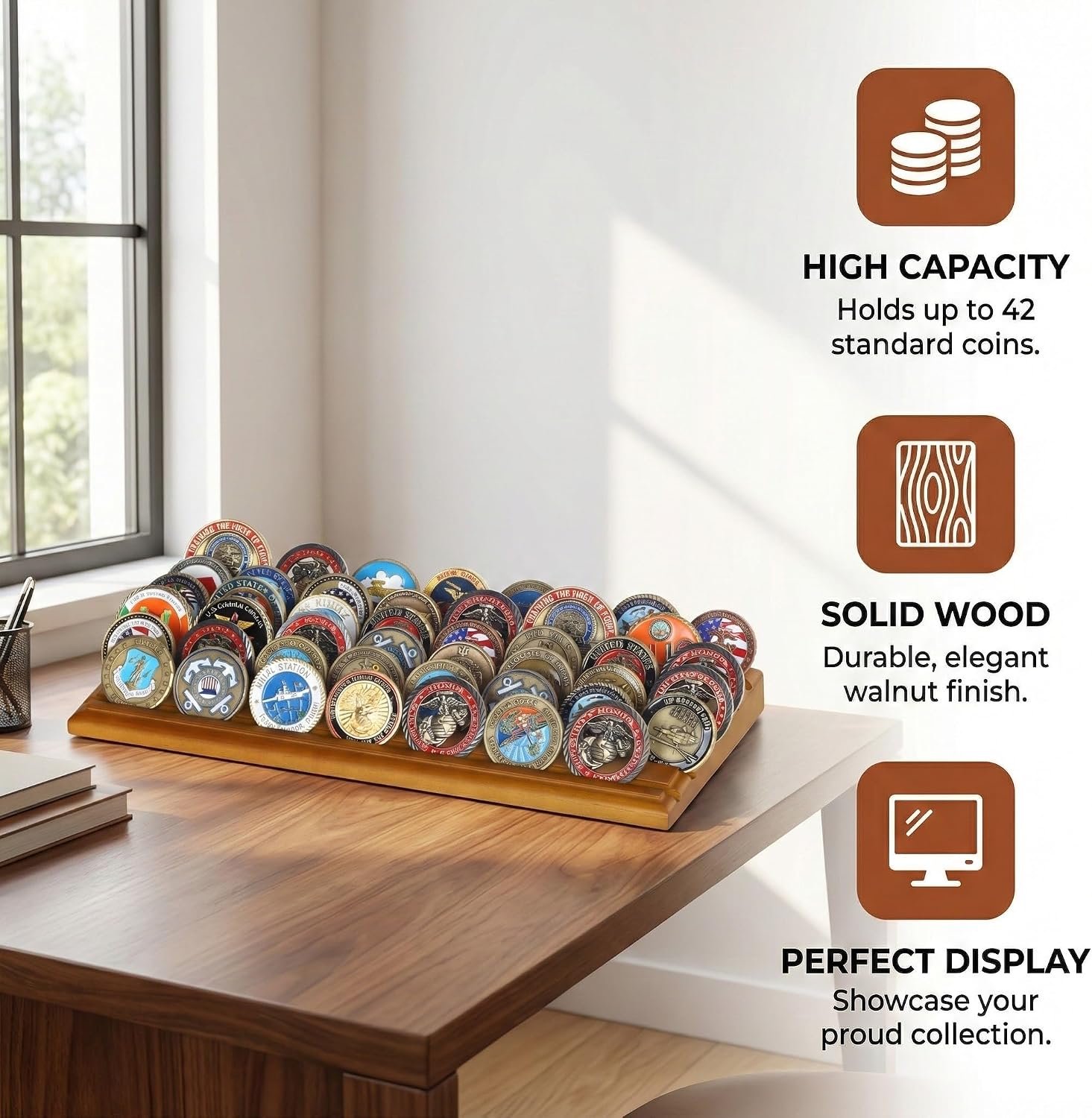 DisplayGifts Challenge Coin Display Stand 4 Row Wooden Holder Rack Case Holds 28 Coins Walnut Finish