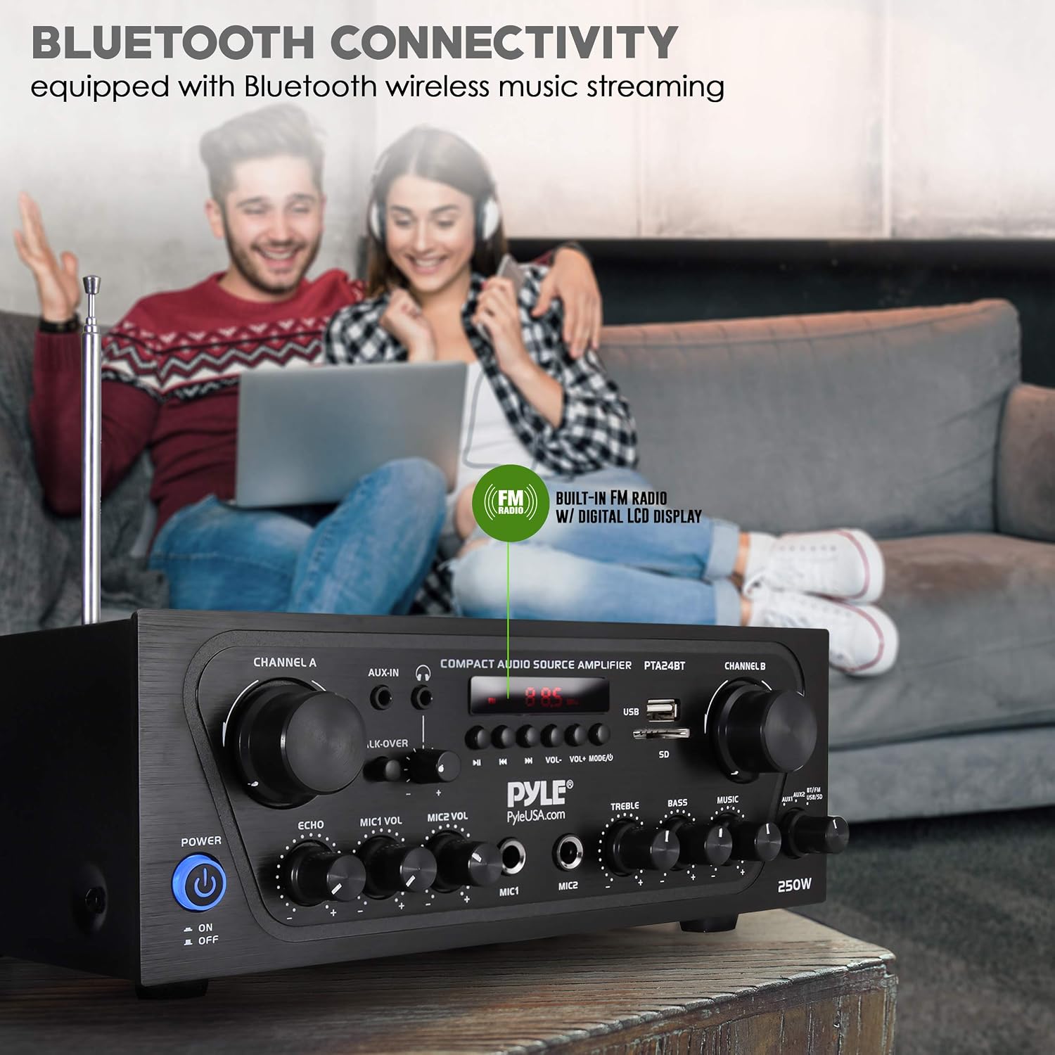 Pyle 2-Channel Bluetooth Home Stereo Amplifier - 250W Wireless Audio Receiver, Karaoke Optimized: Dual Mic In with Echo, Mic Talk-Over, FM Radio