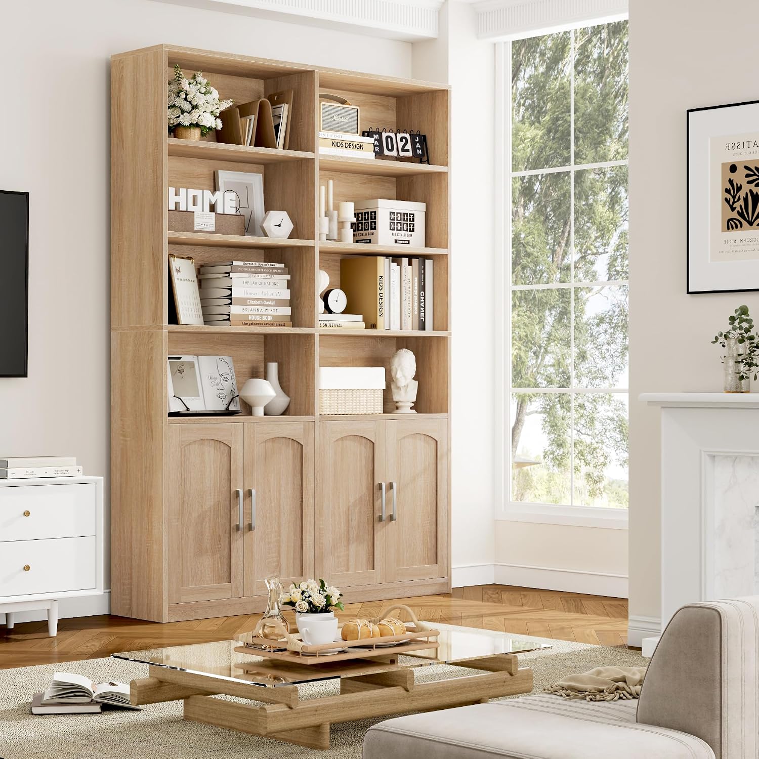 Bookshelf and Bookcase with Doors, Double Wide Large Bookshelves | Industrial Open Display Shelves 6 Tier, 73'' Tall Bookshelf with Storage Cabinets for Office,Home, Living Room, Library,White