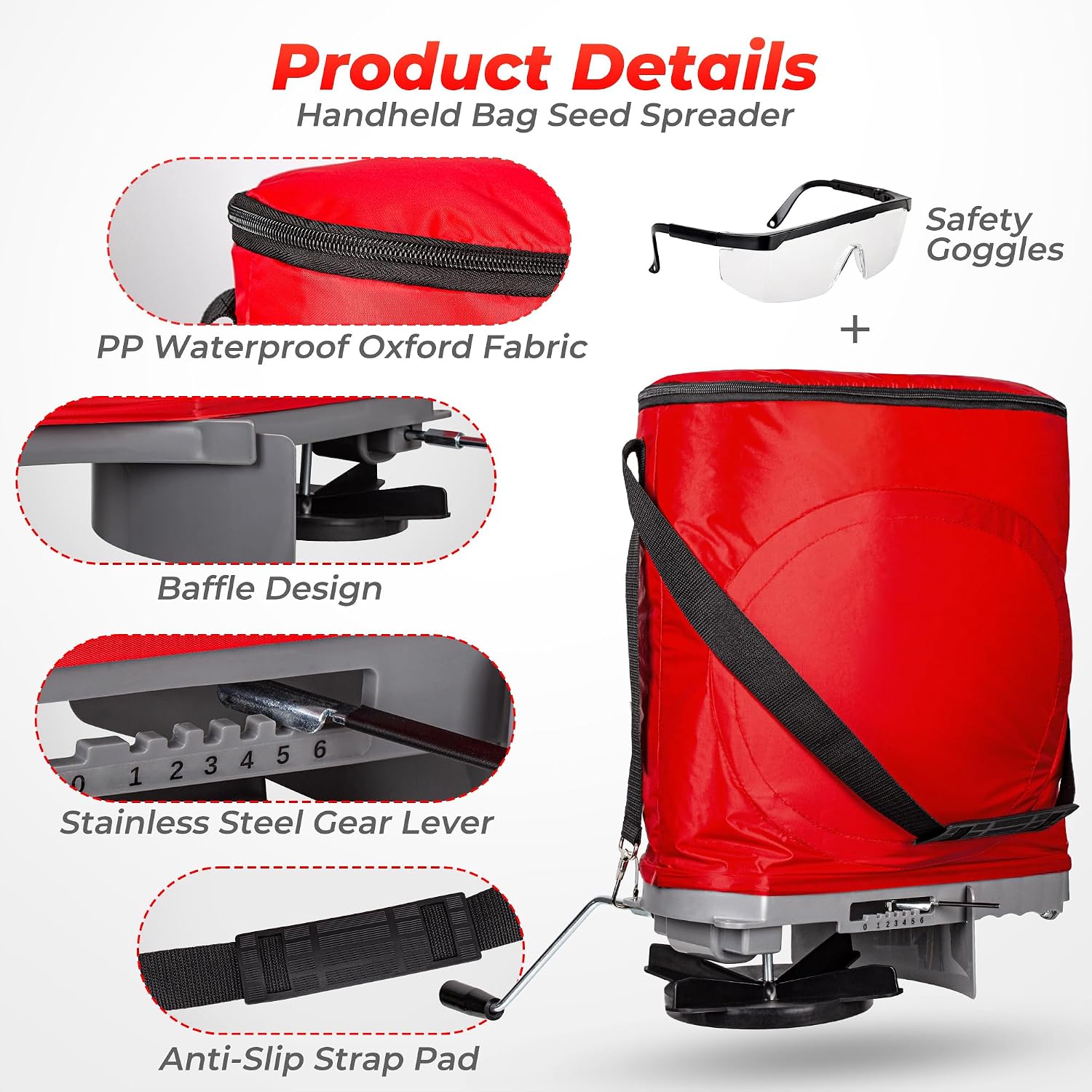 Walensee Handheld Seed Spreader with 25lb Bag, Frame Support, Flow Control, Enclosed Gears, Rear Baffle