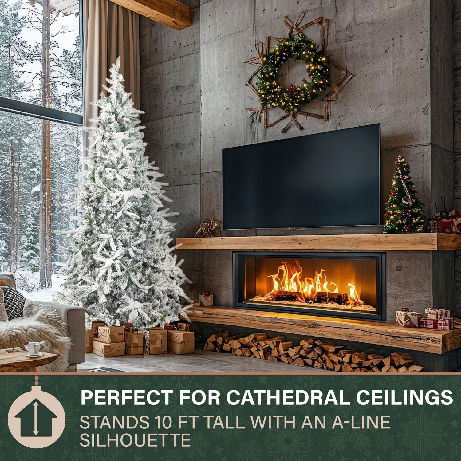 Fraser Hill Farm 7.5-Ft. Mountain Pine Flocked Artificial Christmas Tree with Stand, Unlit Foldable Fake Tree with Realistic Snowy Foliage for Home Decoration