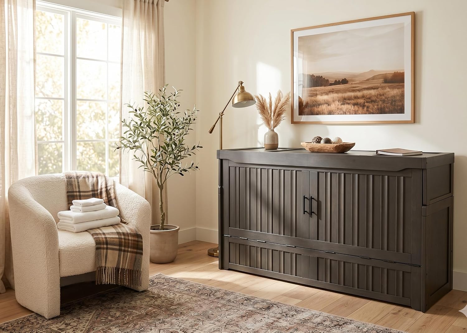 NIGHT & DAY Furniture Murphy Cube Cabinet Bed Pre-Assembled (Cherry, Queen) | Pre-Assembled