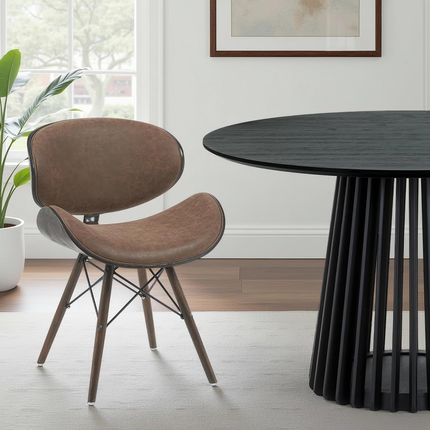Armen Living Cassie Dining Chair in Black Faux Leather and Walnut Wood Finish 20D x 21W x 31H in