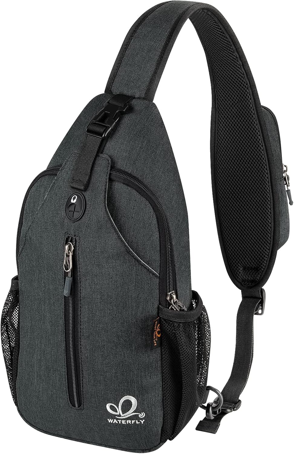 WATERFLY Crossbody Sling Backpack Sling Bag Travel Hiking Chest Bag Daypack (Black) | Small Hiking bag,Multi-compartment storage,Water-resistant,Breathable back pad,Reversible adjustable shoulder strap