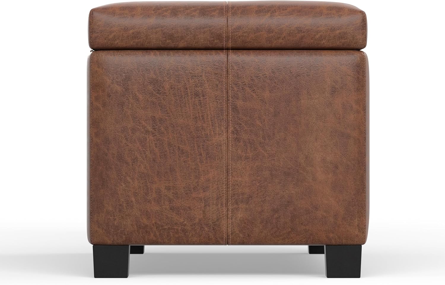 SIMPLIHOME Dover 36" Wide Vegan Leather Storage Ottoman in Midnight Black | Distressed umber brown, contemporary ottoman with lift-top and safety hinges; rectangle storage bench for living room.