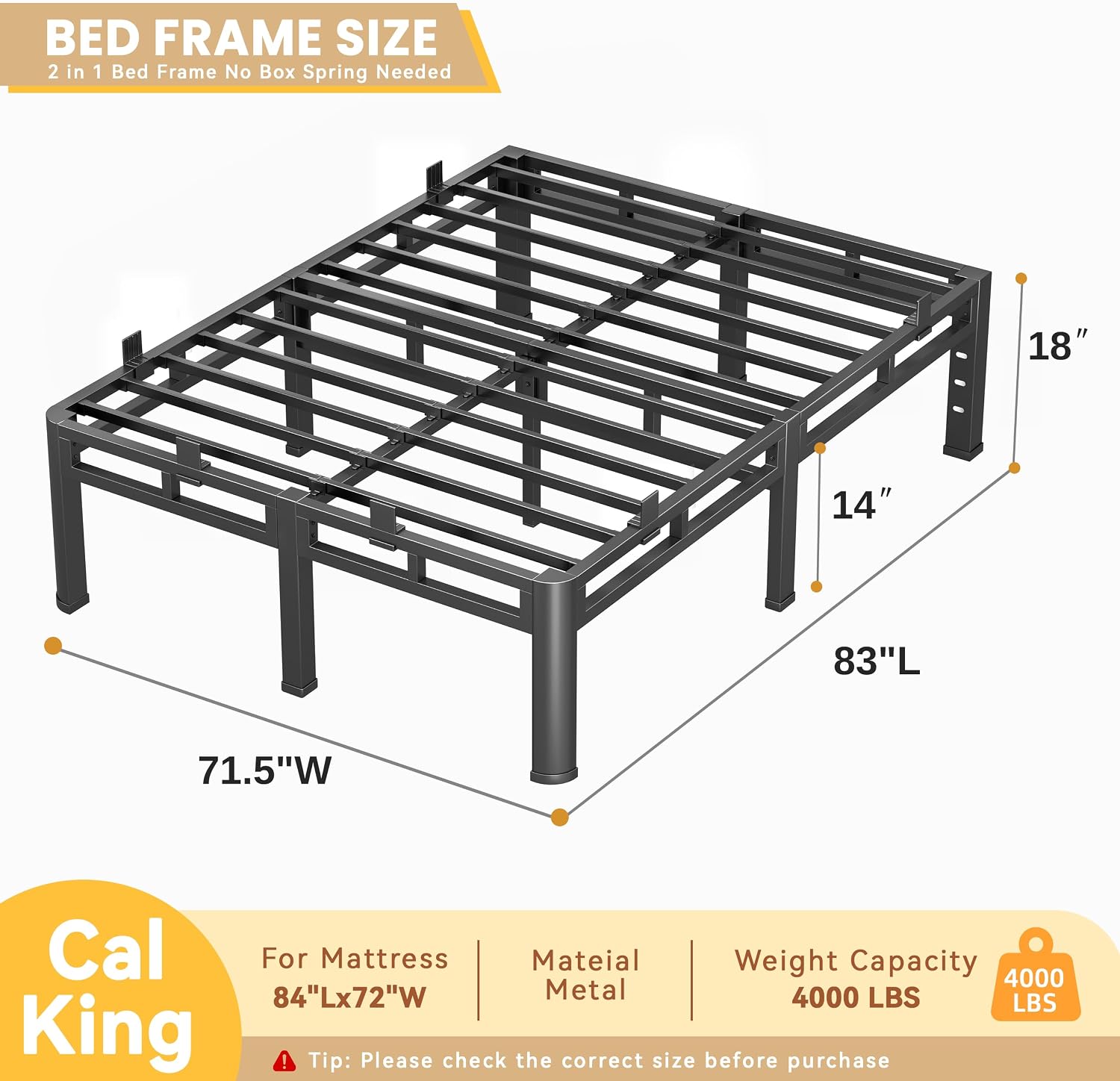 Full Size Bed Frame Metal,14 Inch Heavy Duty Double Layer Platform Black | Easy Assembly,Noise Free,4000lbs Capacity,6 Mattress Stoppers,Round Corner Legs,Headboard Holes,Anti-Slip Rubber Foot Pads