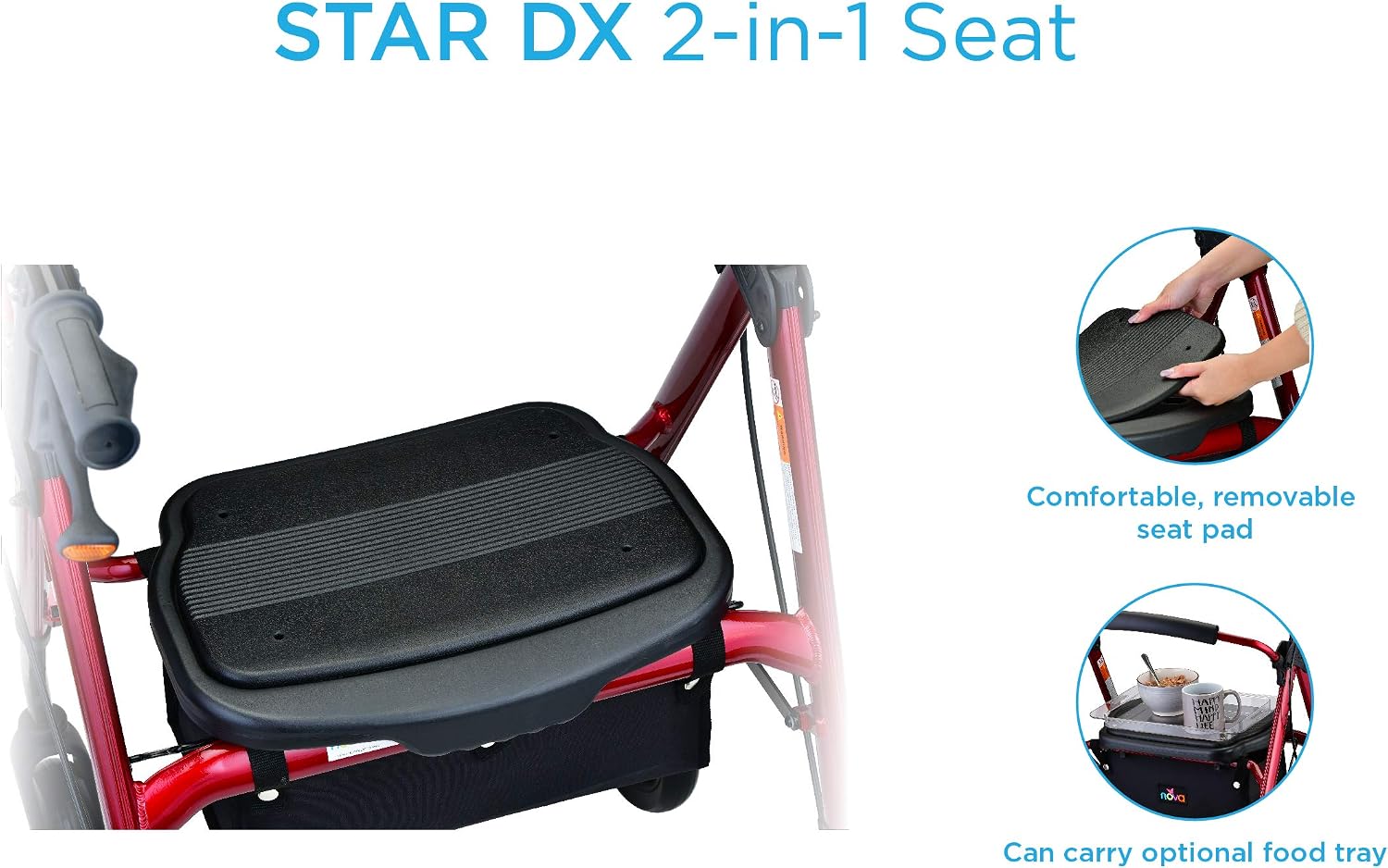NOVA Star DX Foldable Rollator Walker, Wide Padded Seat, 8” Rugged All-Terrain Wheels, Easy-Grip Locking Hand Brakes, Fold Lock, Height Adjustable