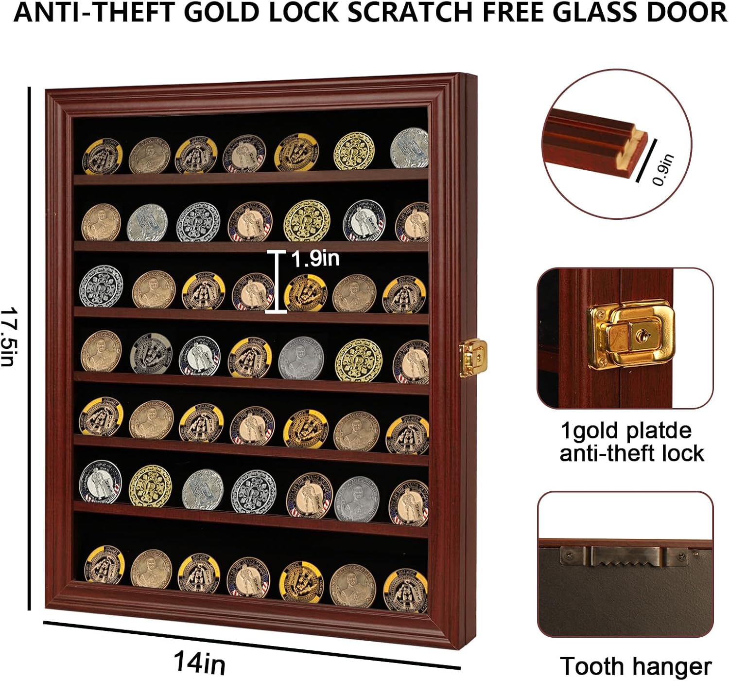 Jinchuan Military Challenge Coin Display Case Lockable Cabinet Rack Holder Shadow Box with Removable 2 Grooves Shelves and Anti Dust Door for Casino