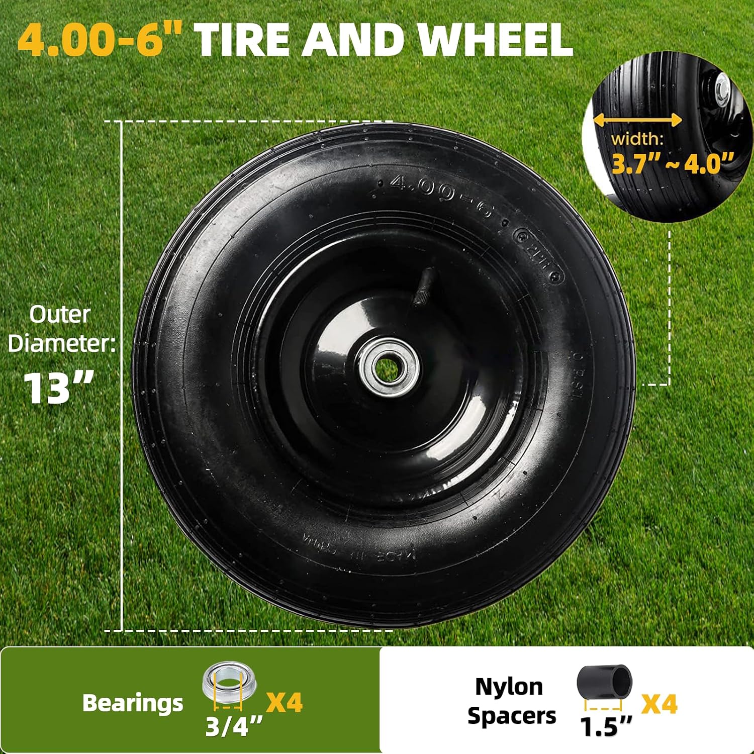 AR-PRO (2-PACK) 4.80/4.00-8" Tire and Wheel, 16" Pneumatic Tire Wheels with 3/4" Bearings and 3" Centered Hub for Wheelbarrow, Hand Truck