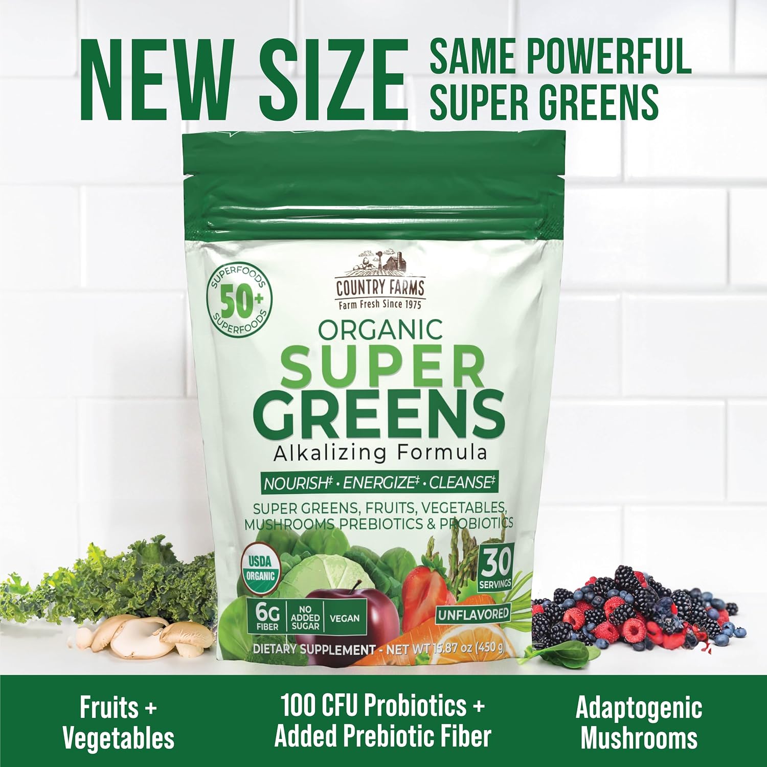 Country Farms Organic Super Greens Powder, Daily Greens Drink Mix with 50 Organic Superfoods, Fruits, Vegetables, Fiber, Mushrooms & Probiotics for Gut Health, Digestion & Energy, Berry Flavor