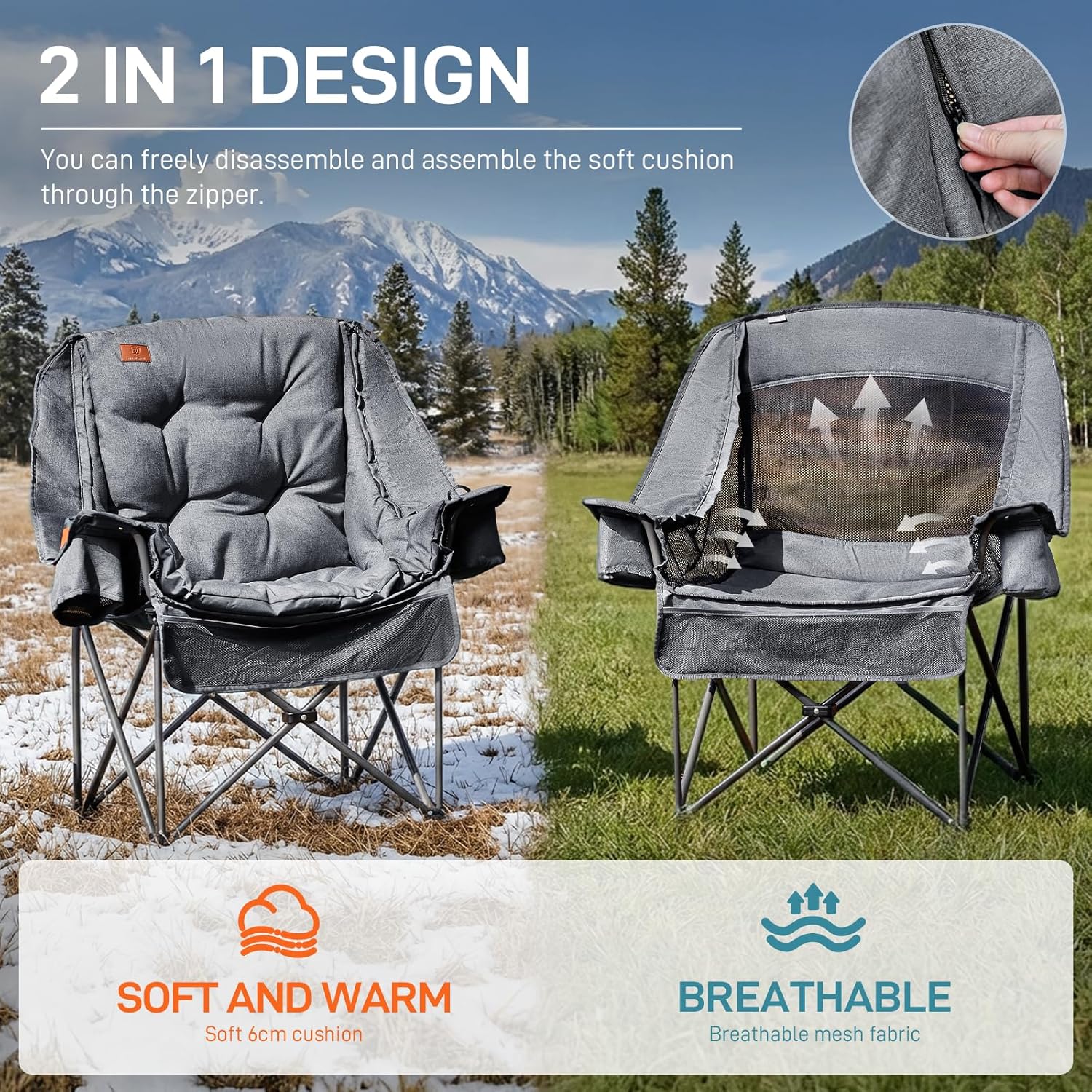 EVER ADVANCED XL Camping Chair with Detachable Cushion Supports 400LBS Grey