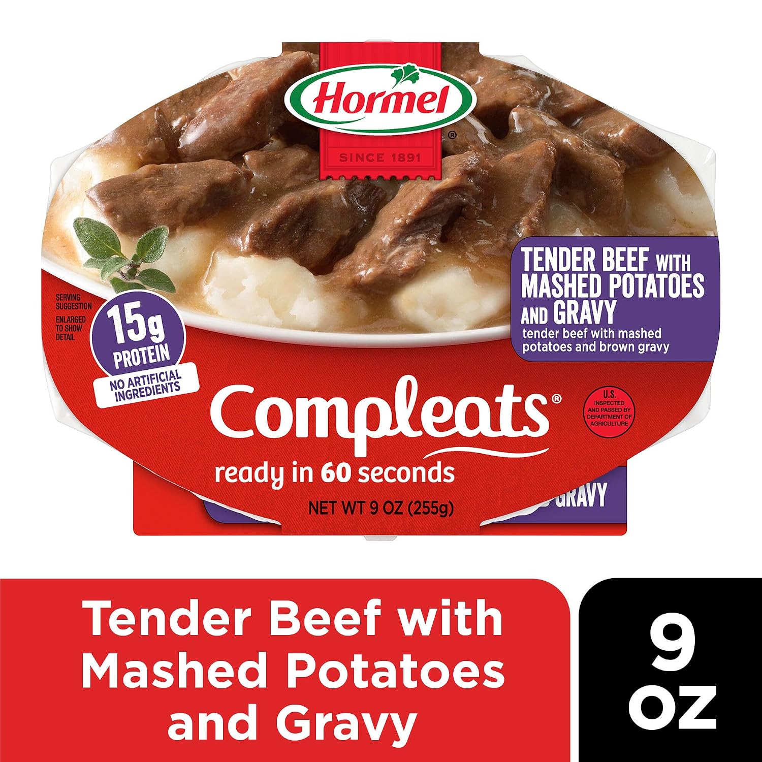 HORMEL COMPLEATS Tender Beef With Mashed Potatoes & Gravy Microwave Tray, 9 oz. (6 Pack) | Heat and Eat, Microwave Meals, Prepared Foods