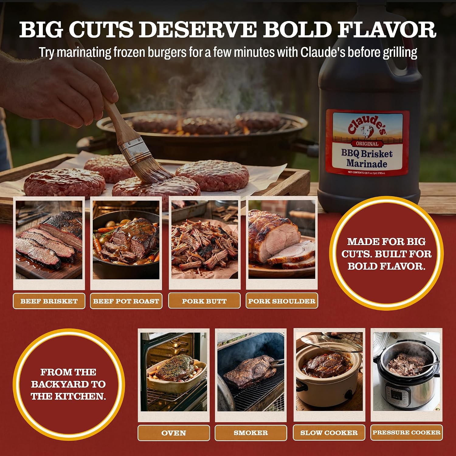 Claude's BBQ Brisket Marinade Sauce, Gluten Free Texas Style, 128 oz | Restaurant-size gallon of smoky Texas tenderizing brisket marinade - all natural & gluten free.