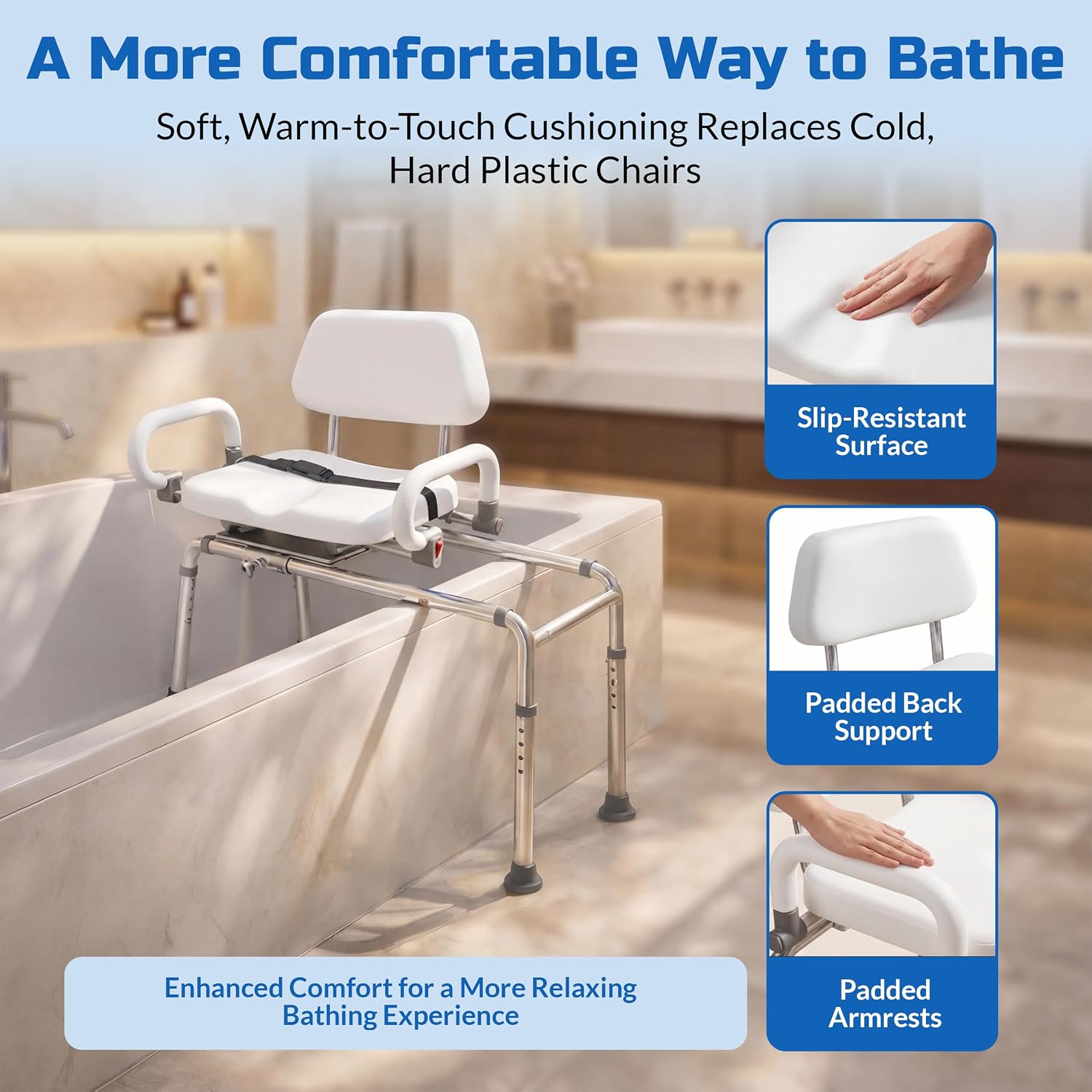Carousel Sliding Shower Chair Tub Transfer Bench with Swivel Seat Elderly | Slide Safely In & Out of the Tub - Blue, padded seat, padded armrests, swivel seat, backrest, portable, tool-free assembly