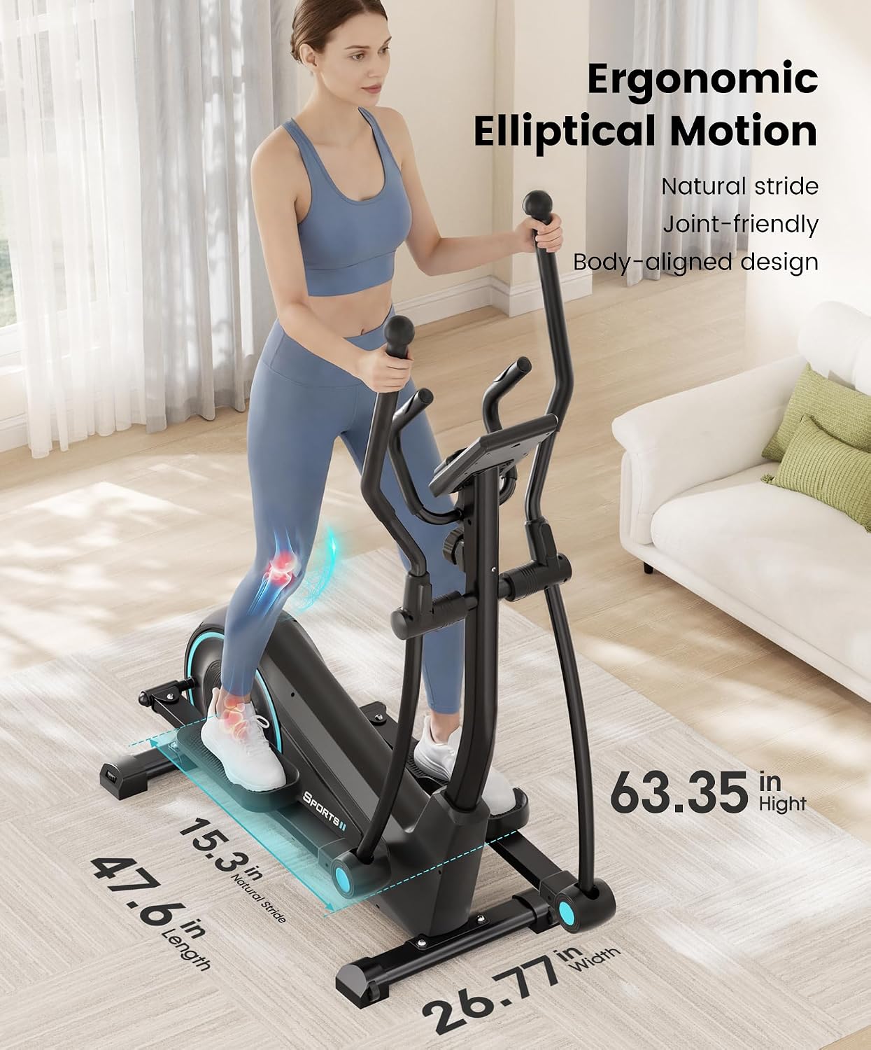 Dripex Elliptical Machine, Hyper-Quiet Magnetic Elliptical for Home | Ultra-Smooth Elliptical Exercise Machine, 15.3" Stride, 16-Level Resistance, 265 LB Capacity, 17.6 LBS Flywheel, Pulse Sensor