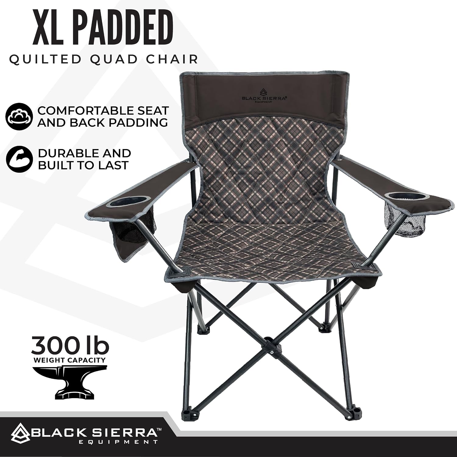 Black Sierra Quilted Padded Camping Chair, Oversized Heavy Duty Outdoor Lounge Seat Supports 300 lbs, Portable, Folding with Cup Holder for Beach, Tailgating, Sports, Patio